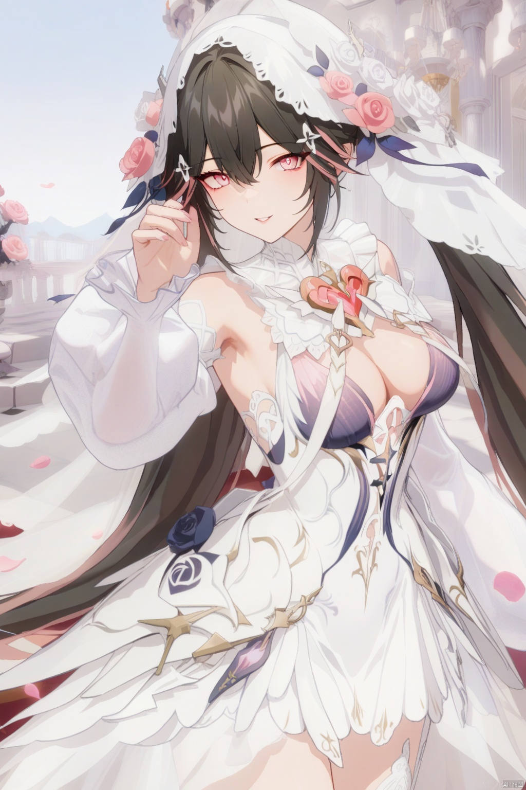 masterpiece,best quality,amazing quality,very aesthetic,absurdres,newest,lucia,
1girl, solo, long hair, breasts, looking at viewer, bangs, black hair, hair ornament, dress, cleavage, hair between eyes, medium breasts,flower, parted lips, detached sleeves, pink eyes, white dress, rose, veil, pink flower, wedding dress,bridal veil, pink rose,smile,