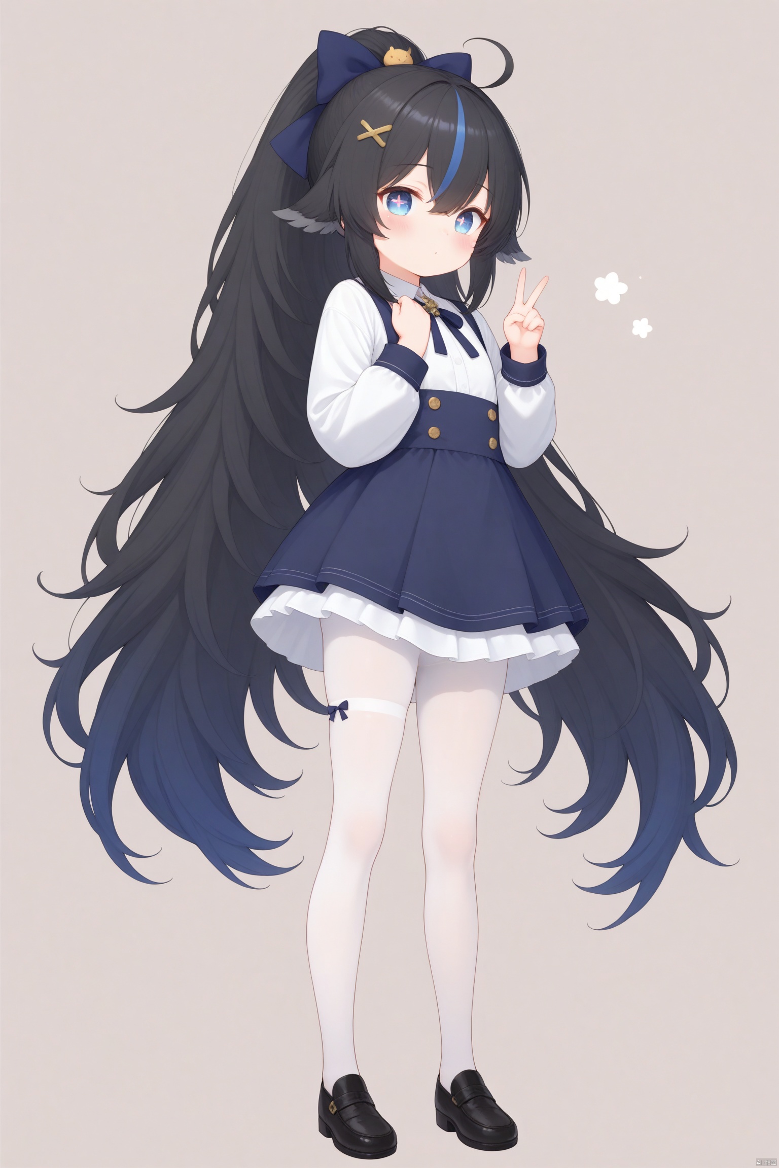 tsubasachyan,cxnice3,lolisugerjio,ku(azurelane),masterpiece,best quality,high quality,loli, 1girl, solo, hair wings,long hair, blush, bangs, blue eyes,symbol-shaped pupils,cross-shaped pupils,black hair, hair ornament, hair between eyes, very long hair, streaked hair,  blue hair, hair bow, standing, full body,  pantyhose, multicolored hair,  shoes,  tall ponytail,  white pantyhose, simple background,V,single thighhigh,two-tone hair, ahoge, 
