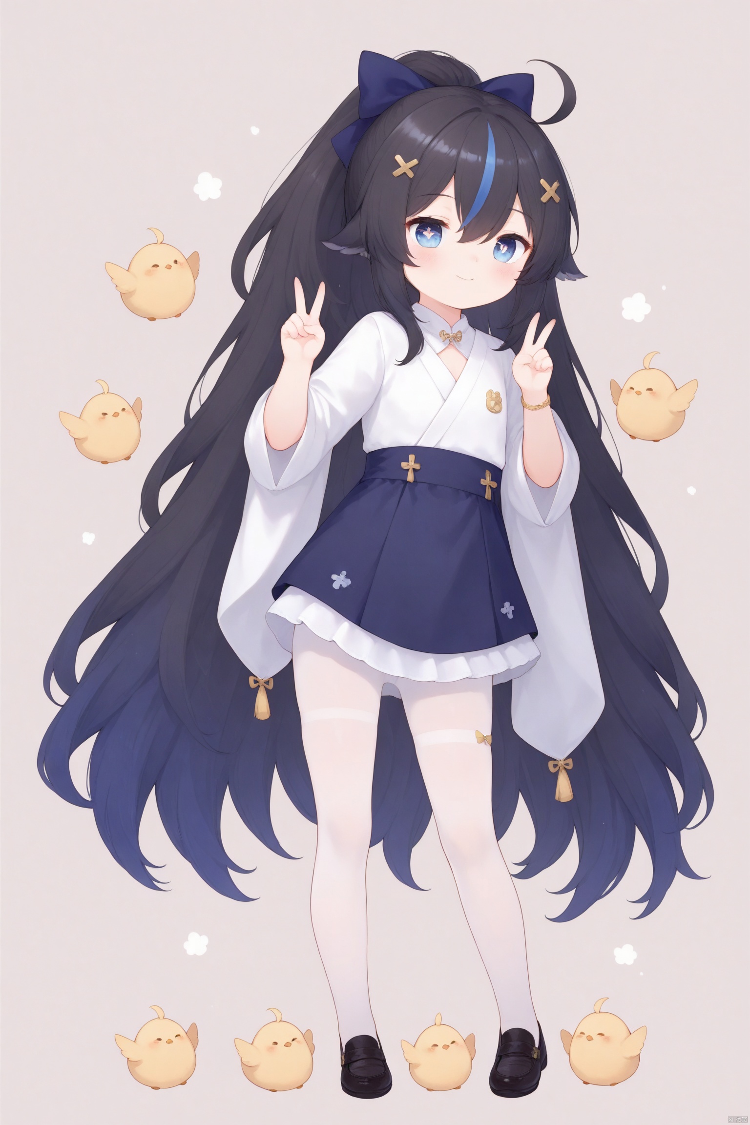 tsubasachyan,cxnice3,lolisugerjio,ku(azurelane),masterpiece,best quality,high quality,loli, 1girl, solo, hair wings,long hair, blush, bangs, blue eyes,symbol-shaped pupils,cross-shaped pupils,black hair, hair ornament, hair between eyes, very long hair, streaked hair,  blue hair, hair bow, standing, full body,  pantyhose, multicolored hair,  shoes,  tall ponytail,  white pantyhose, simple background,V,single thighhigh,two-tone hair, ahoge, 