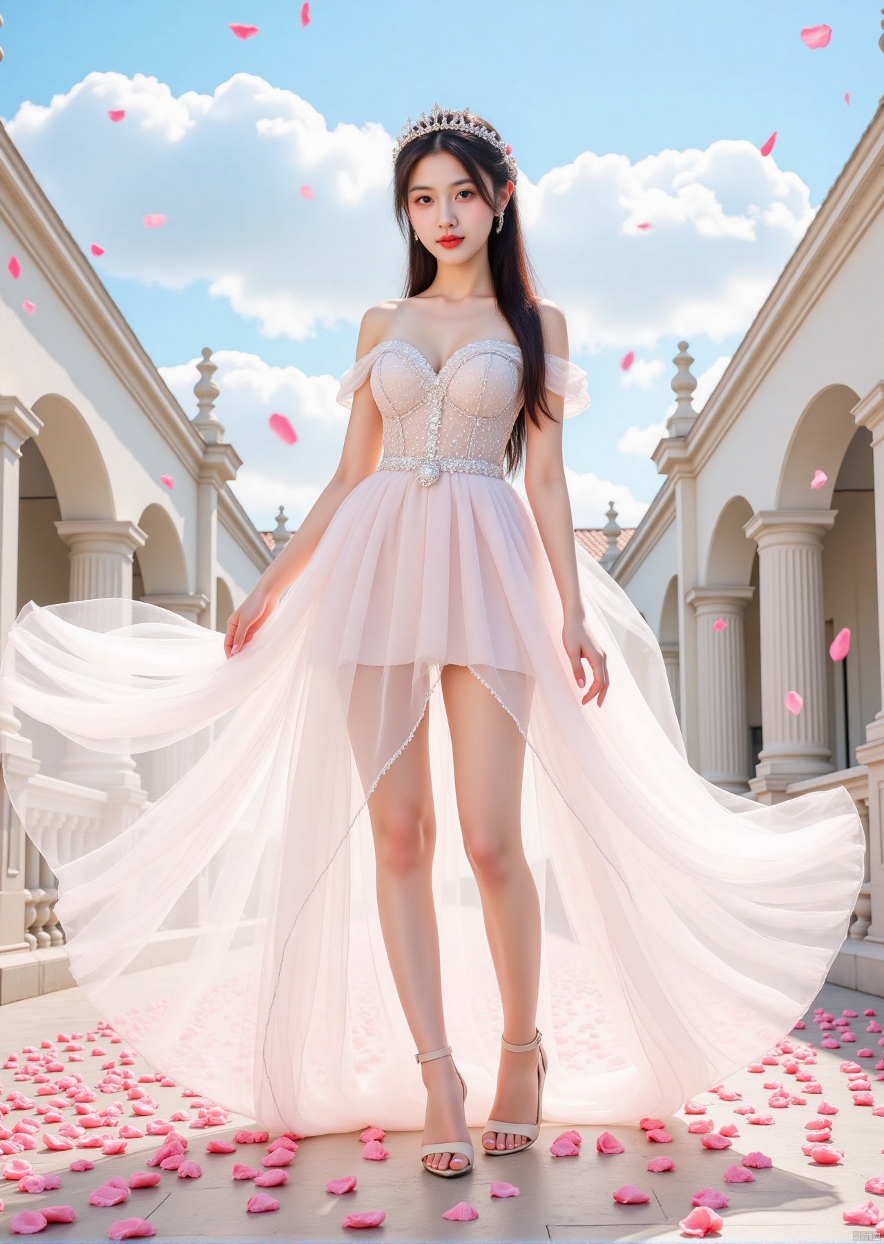 Realistic photo, 1girl, long hair, fair skin, big breasts, off-shoulder, (transparent wedding dress), high heels, full body, pink roses on the ground, fluttering rose petals, sky, luxury European style architecture background,