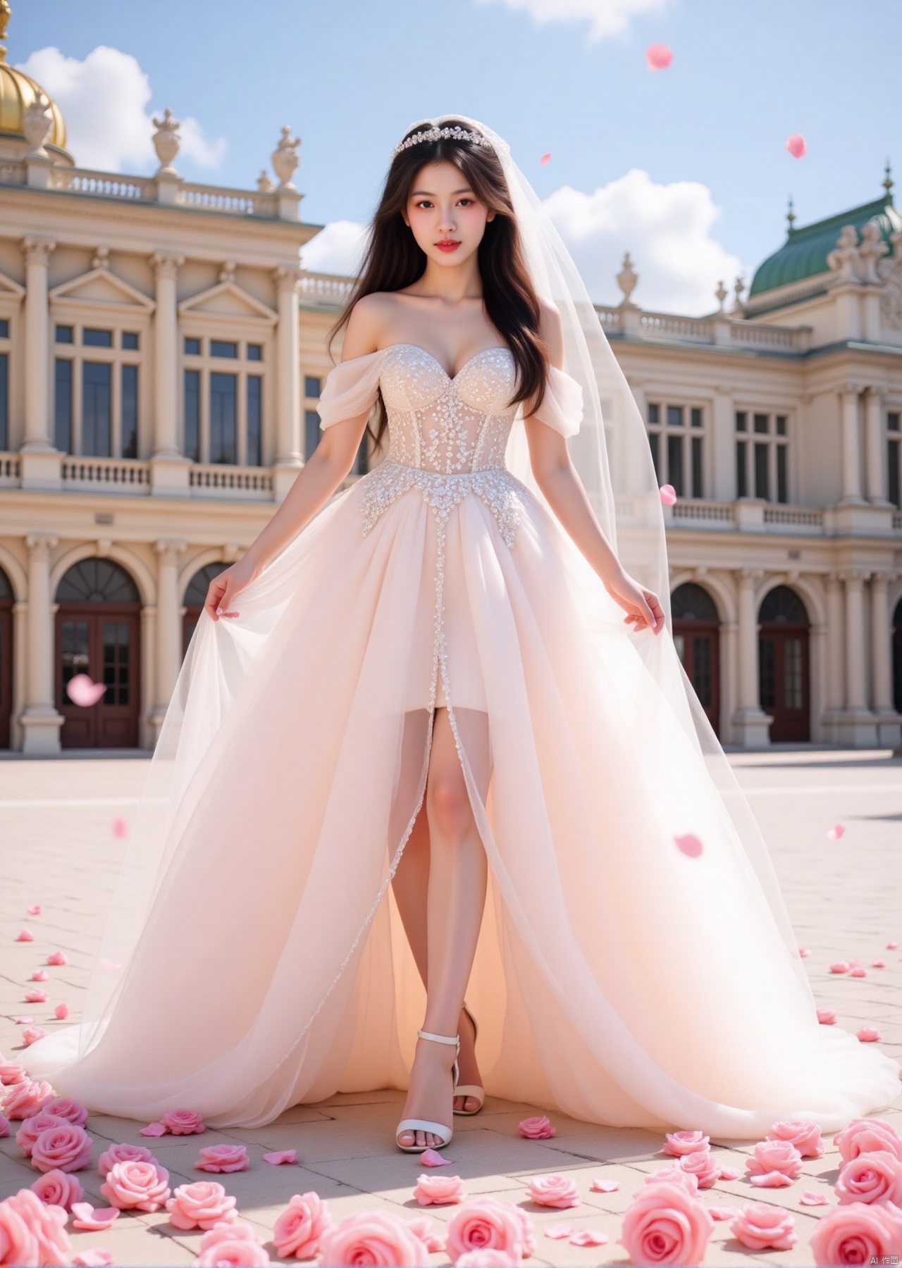 Realistic photo, 1girl, long hair, fair skin, big breasts, off-shoulder, (transparent wedding dress), high heels, full body, pink roses on the ground, fluttering rose petals, sky, luxury European style architecture background,