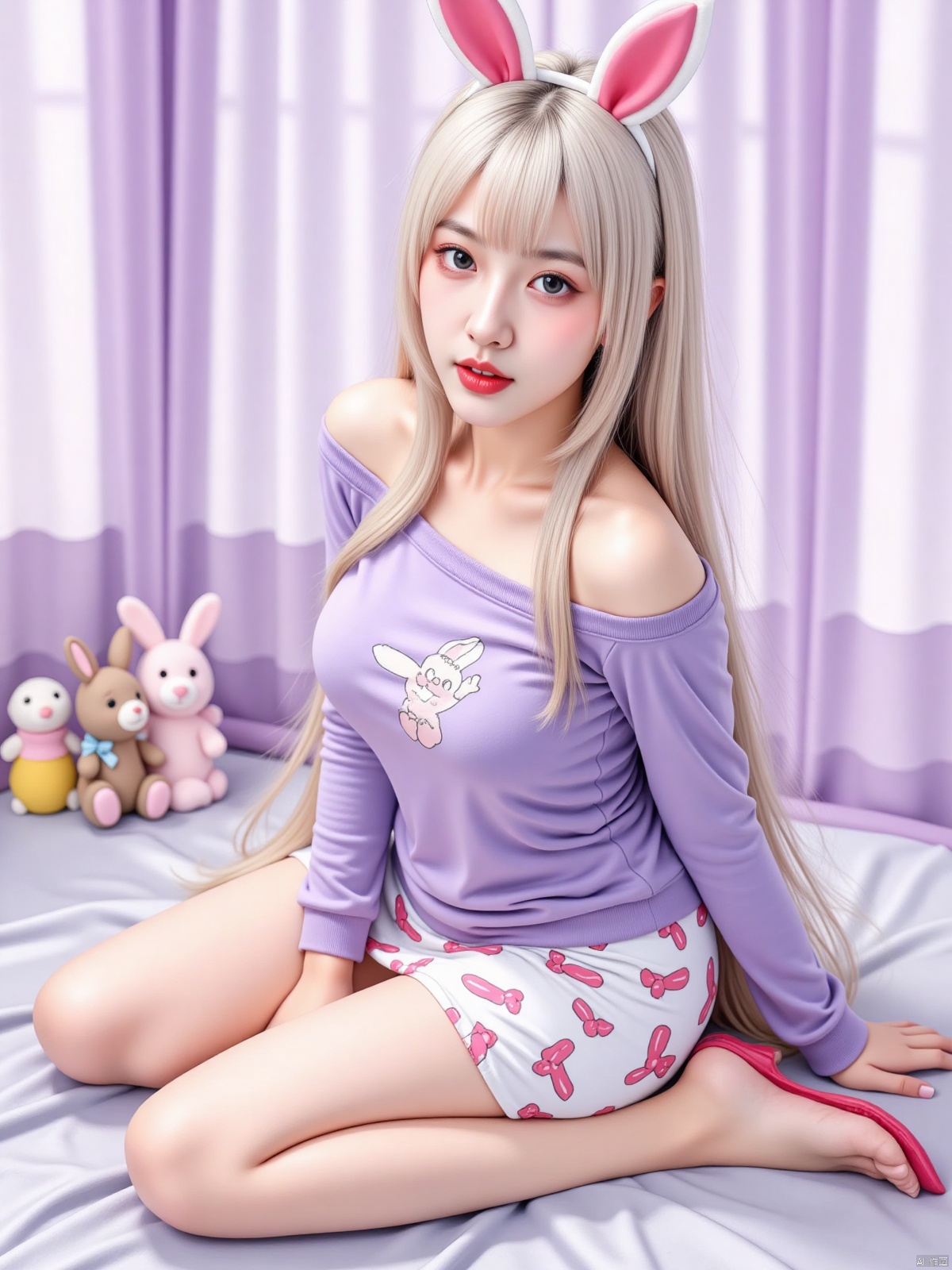 Realistic photo, 1girl, long hair, bunny ears headdress, fair skin, big breasts, off-shoulder bunny pattern purple shirt, short pencil skirt, bunny pattern stockings, long legs, high heels, full body, sitting, purple Cute bedroom, stuffed animals, curtains,