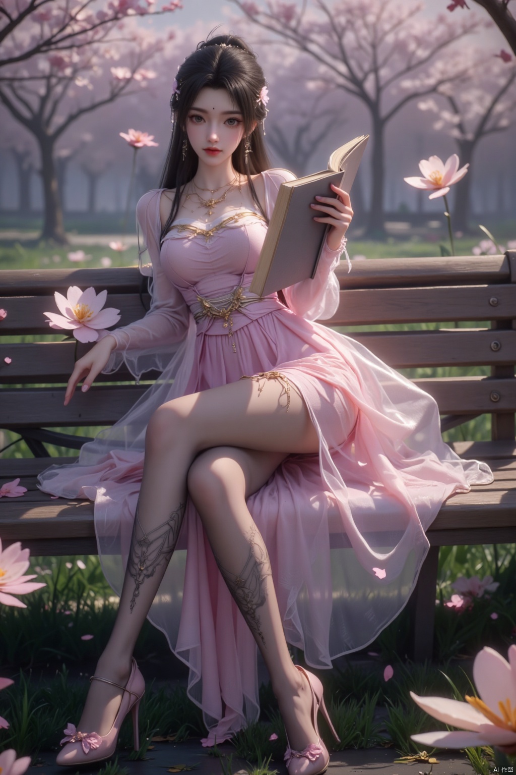 RAW photos, high-resolution, ultra-fine profile, high detail RAW color photos, professional photos, masterpieces, best picture quality, realistic

 The girl is elegantly sitting on a bench in the park, wearing a pink dress and black lace pantyhose. She is holding an open book in her hand and is reading intently. There are blooming flowers and green grass around, and the breeze gently blows her hair. The decorative details on the lace pantyhose are exquisitely detailed and blend with her elegant temperament. The overall atmosphere of the picture is peaceful and beautiful, with fresh and natural colors, 32K, high-definition quality