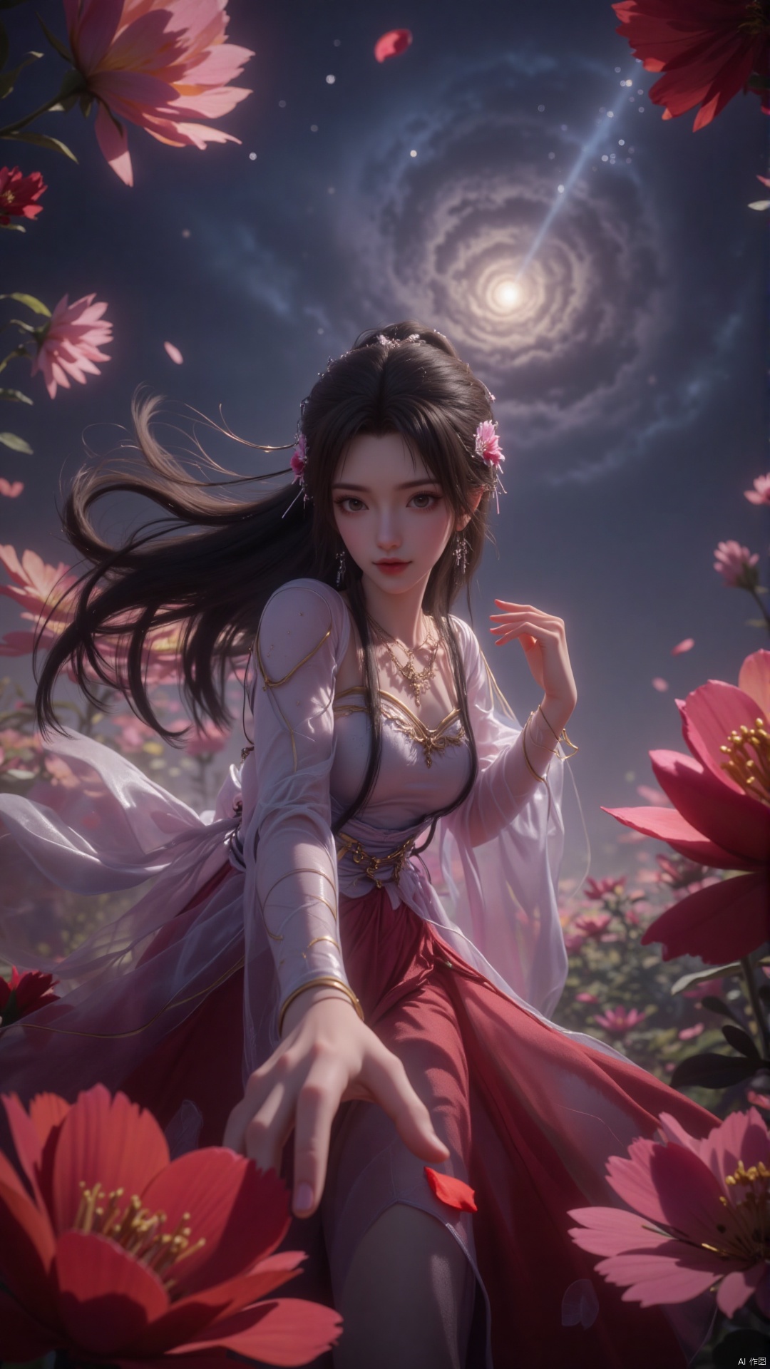 SLR Quality,Depth of field ,looking_at_viewer,Dynamic pose, , kind smile,1girl , 8k resolution, Masterpiece quality, High detail. from below, Fantasy theme, cropped. {(1 girl:1.5),(close to viewer:1.8), ((looking at viewer:2), beautiful face, ), ((worm's eye shot:1.2)),perspective distortion}, (Panoramic view, fisheye lens effect:1.1). {(Strong backlighting, underexposure:1.4), (blocked shadows:0.8), depth of field(at 100mm focal length:1.2)}, (horizon:0.7), low key earth. the starry sky feathering into the background, creating a sense of depth and gradient. Incorporating Droste Effect(an endless repetition and reflection:1.2). Surrounded by fluttering rose petals, reflected or casting dramatic shadows and highlights, {(meteor shower, planets:1.1), (Vermilion Comet:1.3)}. mesmerizing effect, a dreamlike ambiance of infinity. A vortex of rose petals, a starry sky vortex, , as, vortex。