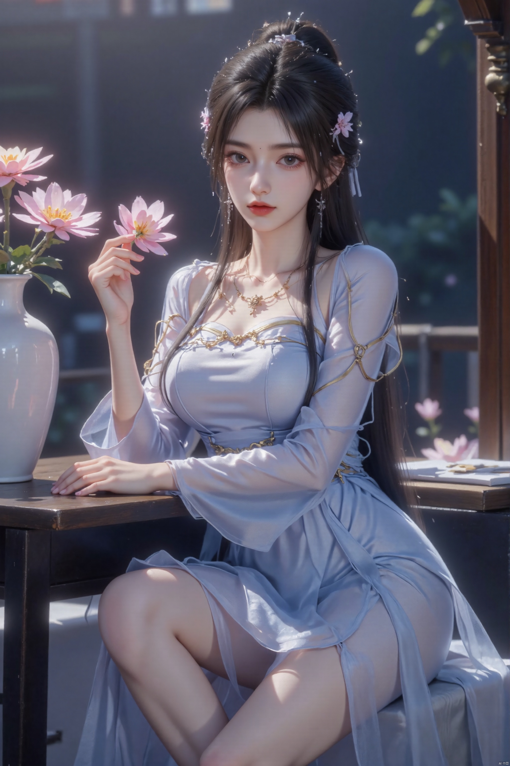 A young Asian woman is sitting on a white stool with a pink flower in her right hand. Her left hand rested on a black table while her right arm rested on it. The woman's right shoulder is placed on her right shoulder. She was wearing a blue dress and a black belt. Her eyes were deep blue and her hair was dark brown. Her lips were painted with crimson red, adding a touch of color to the picture. On the left side of the picture is a white vase with pink flowers and green leaves inserted. The background is blurry, suggesting a natural environment.