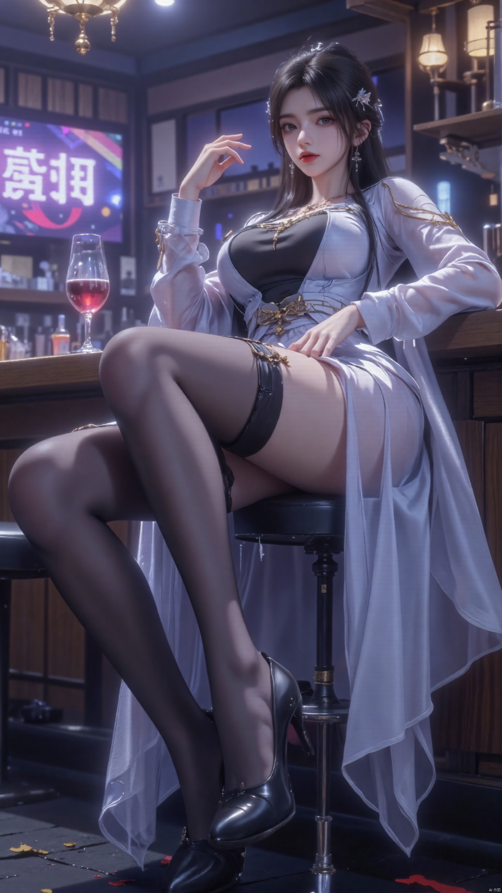 Shot from side and bottom, ultra low angle, bottom view, (full body), black hair, long hair, looking at the audience, beautiful legs, long legs, sitting on a high stool, black heels, intricate details, black pantyhose, Grey gloss, (intricate details white trench coat), black t-shirt, long sleeves, incomparable huge boobs, best quality, amazing, artistic masterpiece, exquisite, ultra high resolution, ultra detailed, highly detailed, professional lighting , sleepy, half-closed eyes, relaxation, bar, stage lighting, neon lights, girl Harajuku style fashion, Tulsa decoration, fashion sense, head slightly raised, arrogant eyes, proud expression.