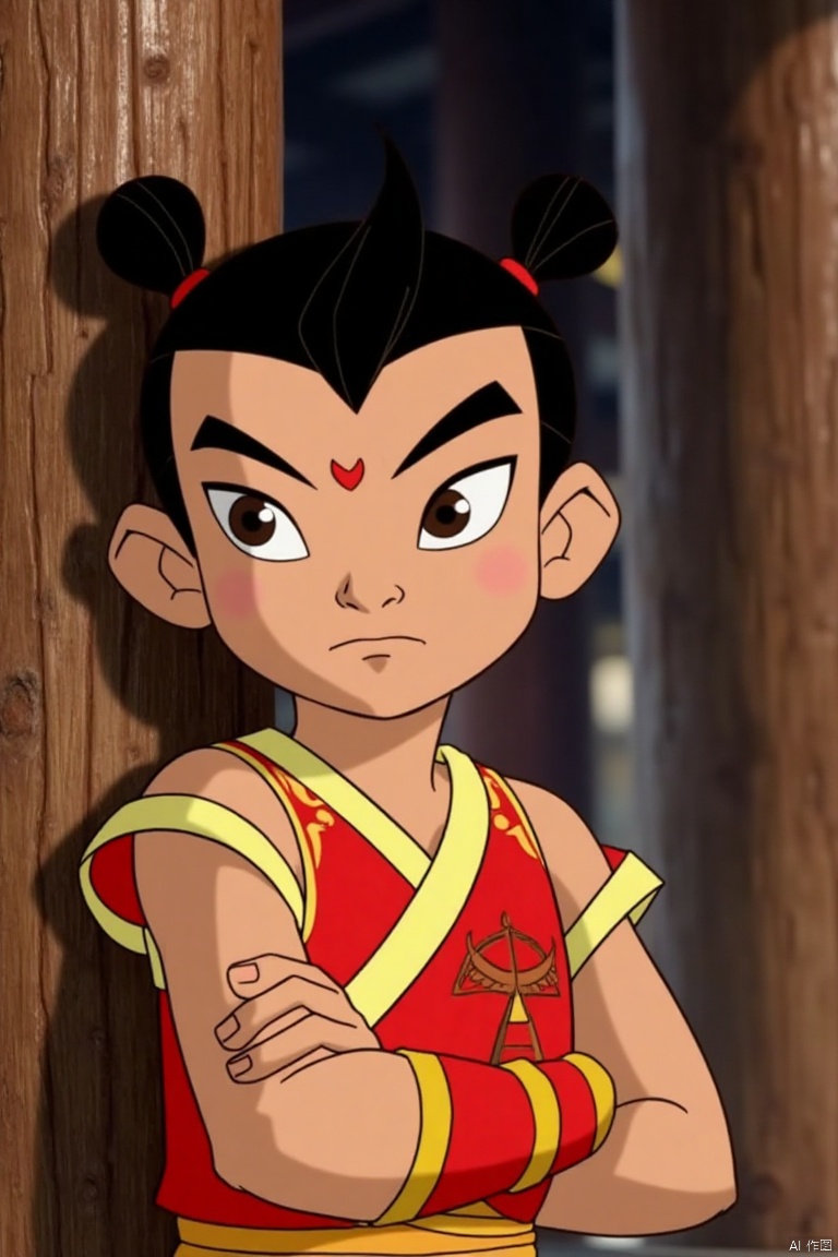 In this shot, Nezha, a young boy with a determined look, stands out with his dark hair tied in a neat topknot. He's wearing traditional Chinese clothes with intricate patterns. Leaning against an ancient wooden pillar, he crosses his arms, exuding confidence. The camera captures him from a slight angle, framing him from the knees up, with the pillar adding depth to the composition.