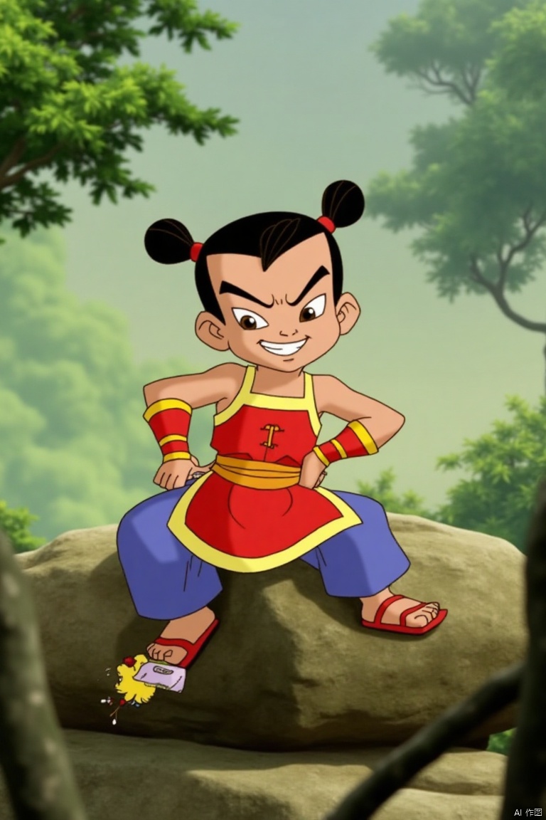 This image features Nezha, a boy with a mischievous grin and dark hair styled in a playful topknot. He's clad in traditional Chinese attire with bright red accents. Nezha is sitting on a large rock, one hand resting on his hip, the other holding a small toy. The camera is positioned at a diagonal angle, capturing him from the knees up, with the rock and surrounding greenery framing the scene.