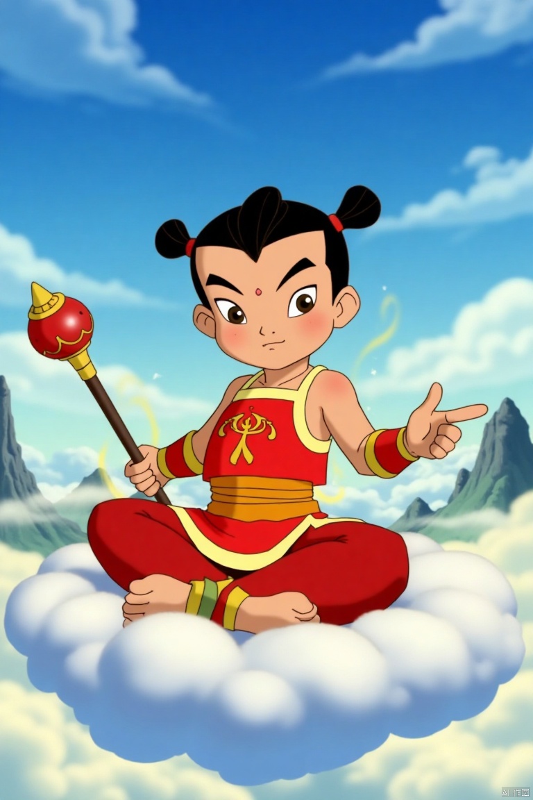 In this shot, a boy dressed as Nezha is captured from a low angle. He has a round face with bright eyes and short black hair. His Chinese clothes are red and gold, with intricate patterns. He is sitting cross-legged on a cloud, holding a magical weapon. The background is a mystical sky with floating mountains, and the composition includes his full body.