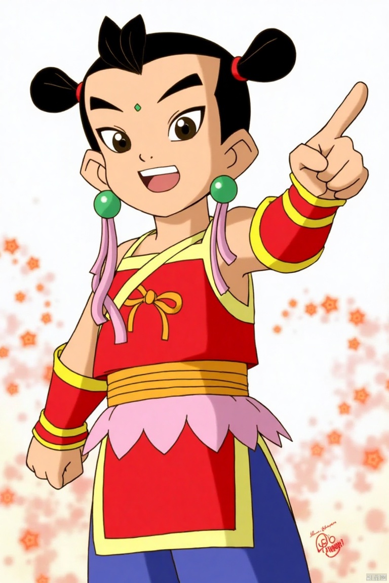 nezha,chinese clothes,solo,black hair,1boy,twintails,jewelry,male focus,earrings,black eyes,parody,pointing