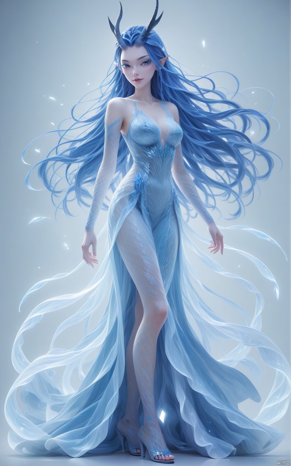 score_9, score_8_up, score_7_up,highly detailed digital,CG,1girl, solo, long hair, breasts, looking at viewer, dress, bare shoulders, blue hair, full body, horns, pointy ears, standing