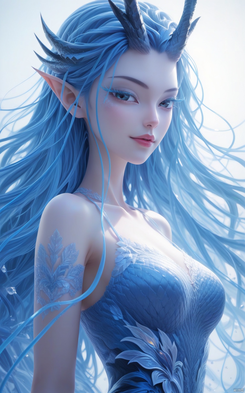score_9, score_8_up, score_7_up,highly detailed digital,CG,1girl, solo, long hair, breasts, looking at viewer, dress, bare shoulders, blue hair, upper body, horns, pointy ears, lips, eyelashes