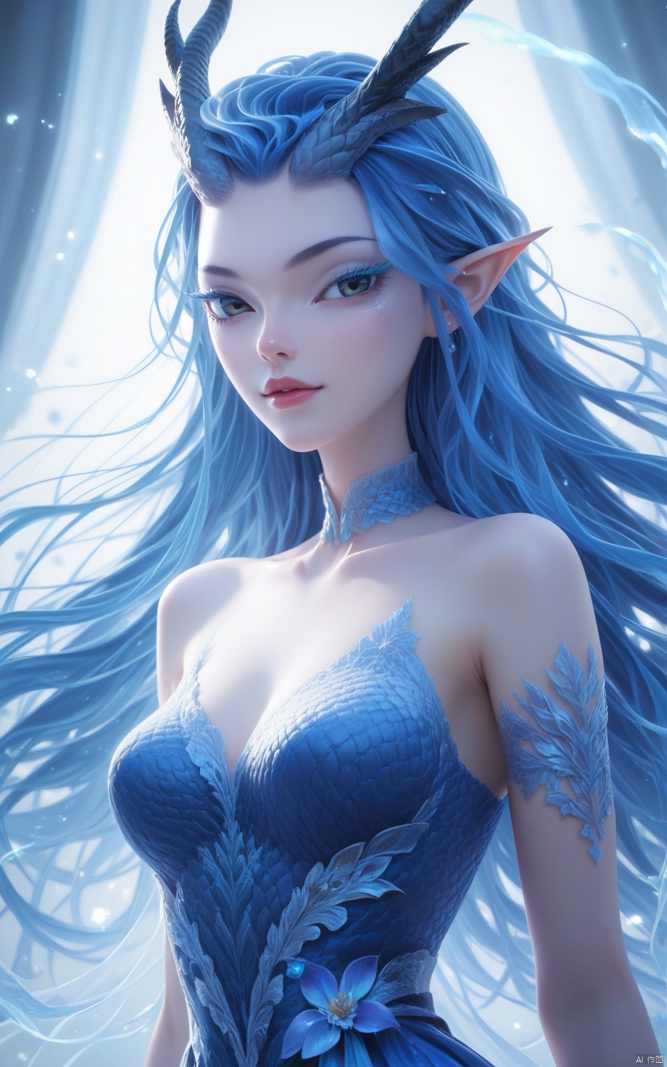 score_9, score_8_up, score_7_up,highly detailed digital,CG,1girl, solo, long hair, breasts, looking at viewer, dress, bare shoulders, blue hair, upper body, horns, pointy ears, lips, eyelashes