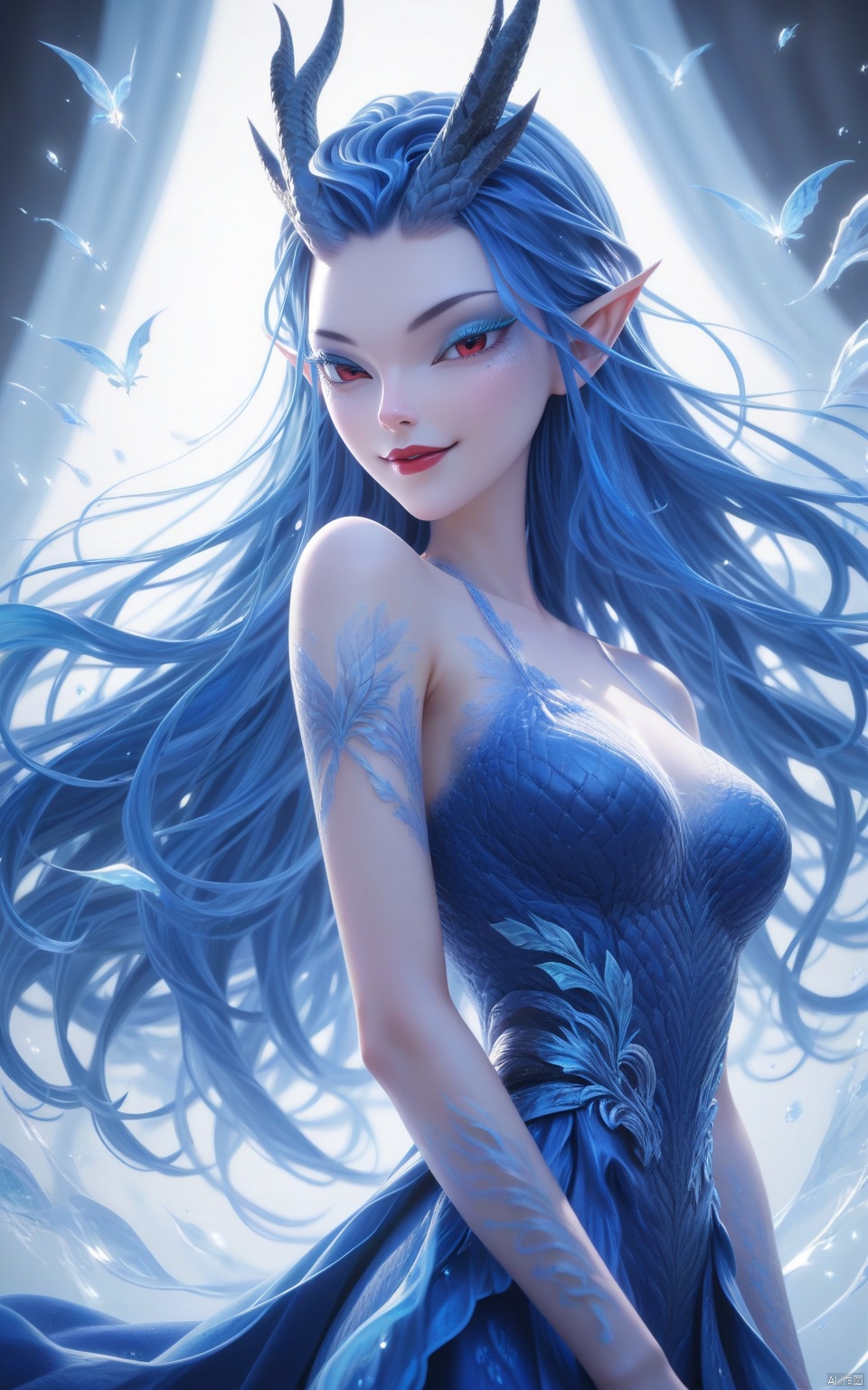 score_9, score_8_up, score_7_up,highly detailed digital,CG,1girl, solo, long hair, breasts, smile, red eyes, dress, bare shoulders, medium breasts, blue hair, upper body, horns, pointy ears, makeup, blue dress, eyeshadow, red lips