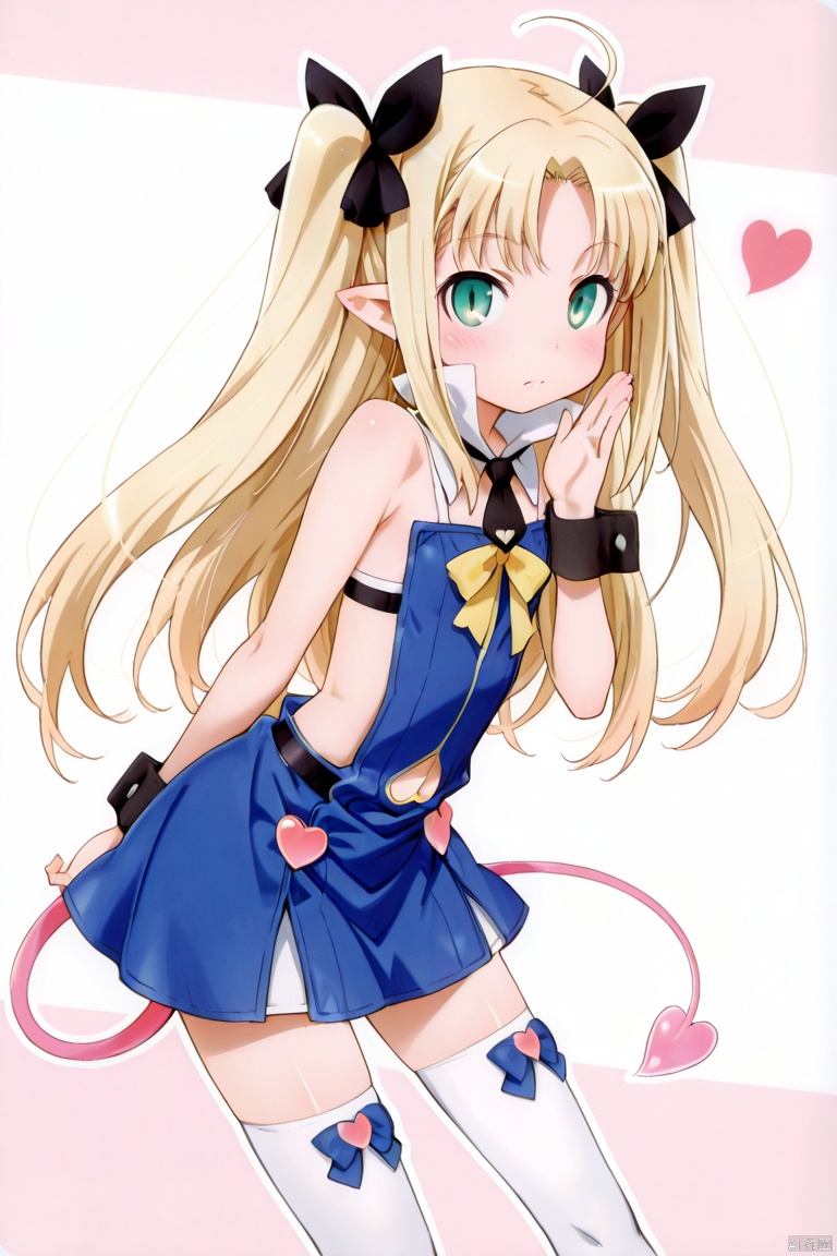 masterpiece, best quality, high quality, Astarotte Ygvar \(Lotte no Omocha\), 1girl, solo, long hair, blonde hair, thighhighs, dress, bow, bare shoulders, twintails, green eyes, ahoge, hair bow, heart, pointy ears, white thighhighs, zettai ryouiki, wrist cuffs, detached collar, demon tail,