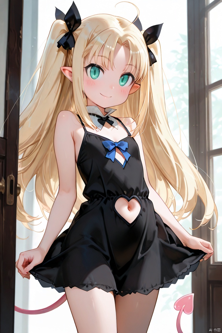 masterpiece, best quality, high quality, Astarotte Ygvar \(Lotte no Omocha\), 1girl, solo, long hair, looking at viewer, blush, smile, blonde hair, bow, ribbon, navel, twintails, green eyes, ahoge, hair bow, pointy ears, black dress, clothing cutout, demon tail, navel cutout, heart cutout,