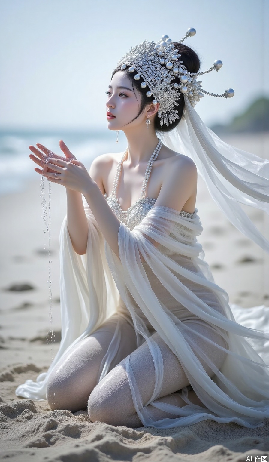A Chinese beauty is playing in the sand on the beach, holding the sand in her hands, wearing a pearl dress, covered in sand,scarf,hair bun,wind,chinese ethnic minority costumes