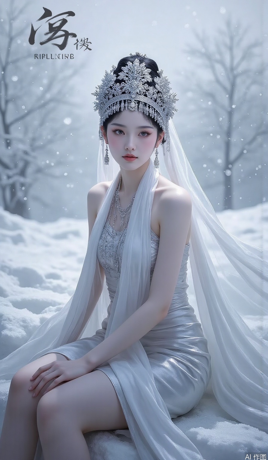 Chinese beauty playing in the snow, dress,bare shoulders, white scarf, sitting,legs,chinese ethnic minority costumes,snowing
