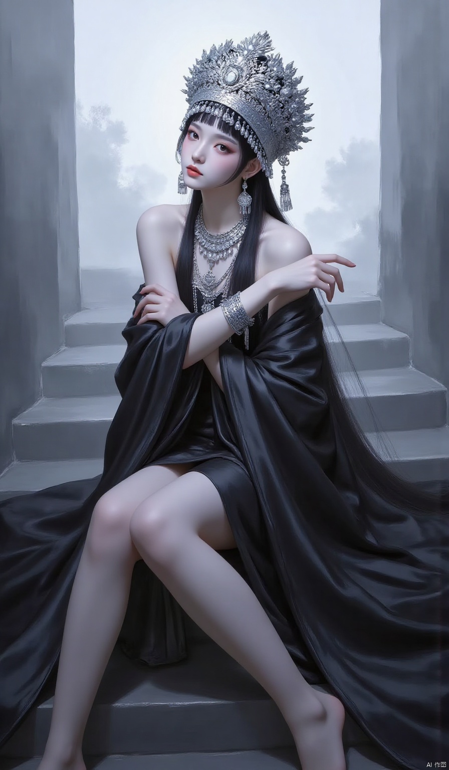 1girl, chinese ethnic minority costumes, long hair, looking at viewer, bangs, black hair, dress, bare shoulders, jewelry, earrings, barefoot, necklace, black dress, bracelet, lips, bare legs, own hands together, armlet, stairs, realistic, red lips