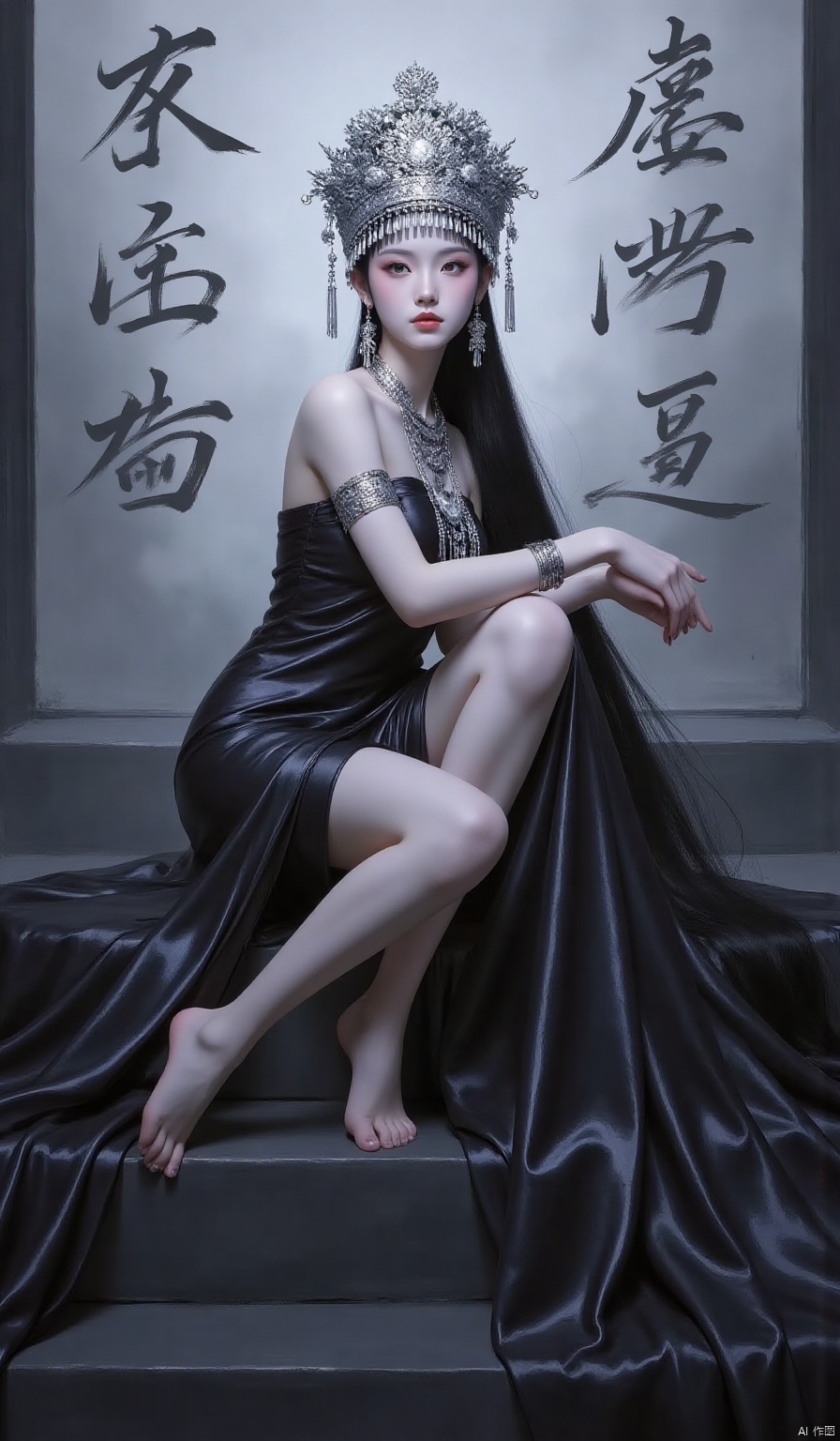 1girl, chinese ethnic minority costumes, long hair, looking at viewer, bangs, black hair, dress, bare shoulders, jewelry, sitting, very long hair, earrings, barefoot, necklace, black dress, bracelet, lips, bare legs, own hands together, armlet, stairs, realistic, red lips