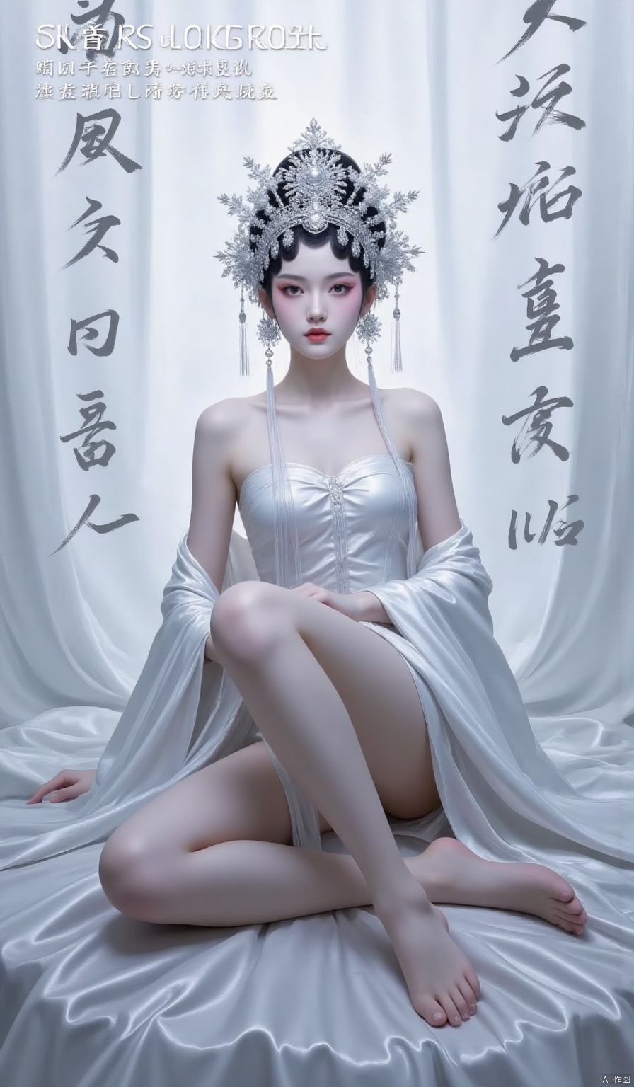 xiqu,1girl, solo, makeup, eye shadow,looking at viewer, black hair, hair ornament, dress, bare shoulders, sitting, full body, barefoot, indoors, white dress, bare legs, makeup, knee up, chinese text, red lips