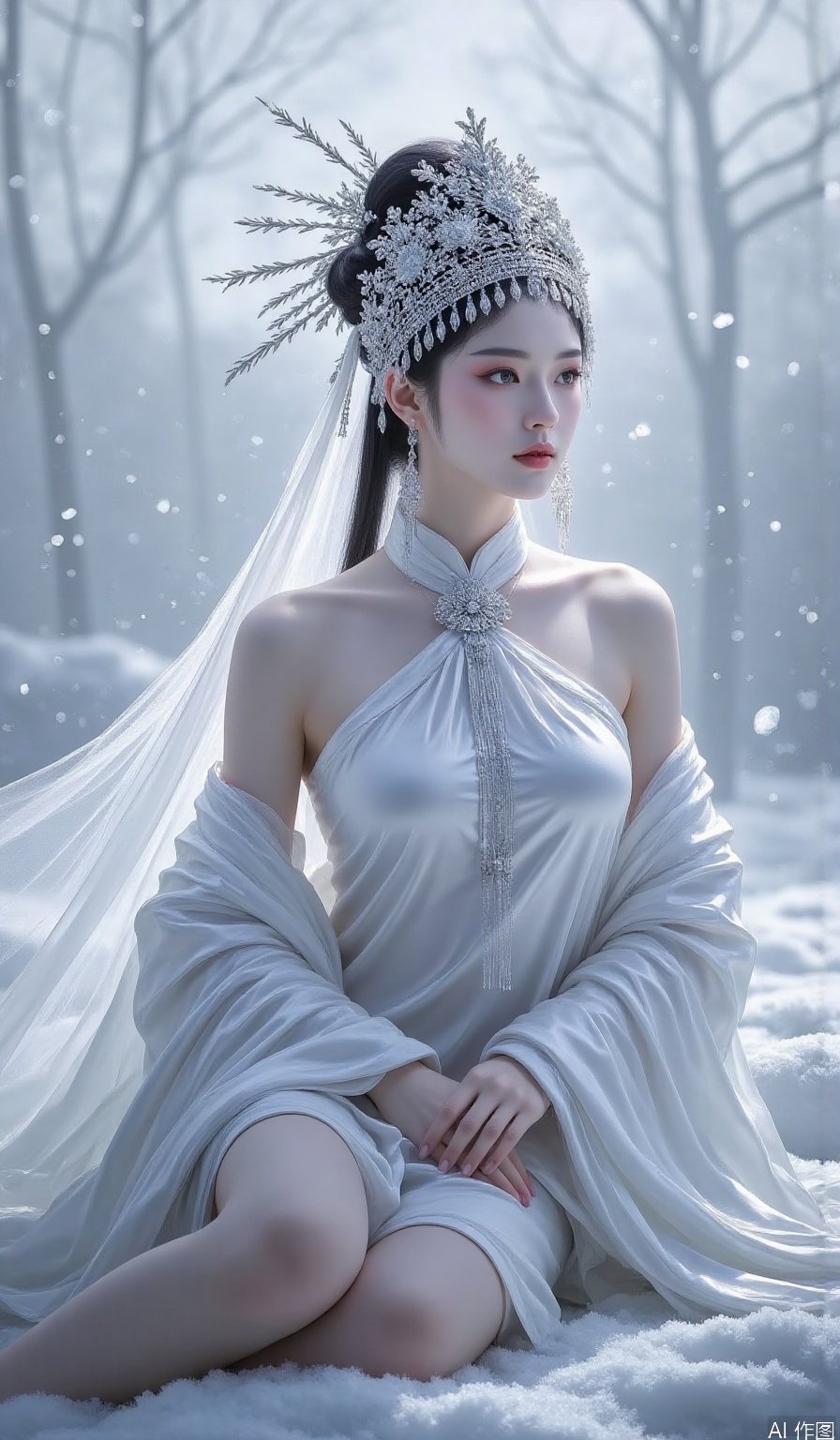 Chinese beauty playing in the snow, dress,bare shoulders, white scarf, sitting,legs,chinese ethnic minority costumes