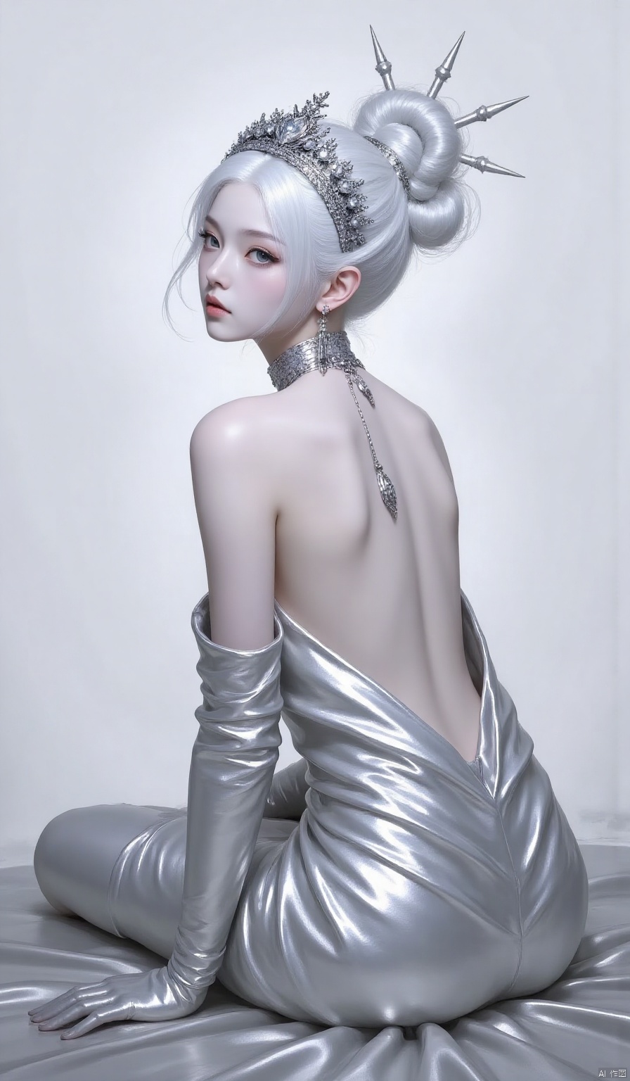 1girl, solo, looking at viewer, hair ornament, gloves, dress, bare shoulders, jewelry, sitting, white hair, earrings, choker, elbow gloves, looking back, hair bun, from behind, lips, grey eyes, profile, back, single hair bun, tiara, crown, backless outfit, realistic, bare back, backless dress, updo, grey theme