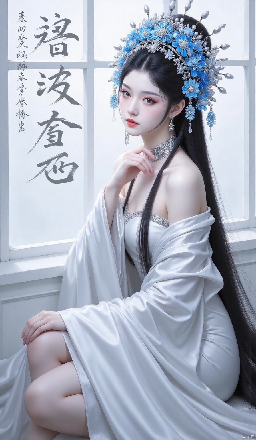 1girl, solo, long hair, looking at viewer, black hair, hair ornament, long sleeves, dress, bare shoulders, jewelry, sitting, flower, earrings, choker, indoors, hair flower, wide sleeves, off shoulder, white dress, lips, window, makeup, chinese clothes, blue flower, chinese text, red lips