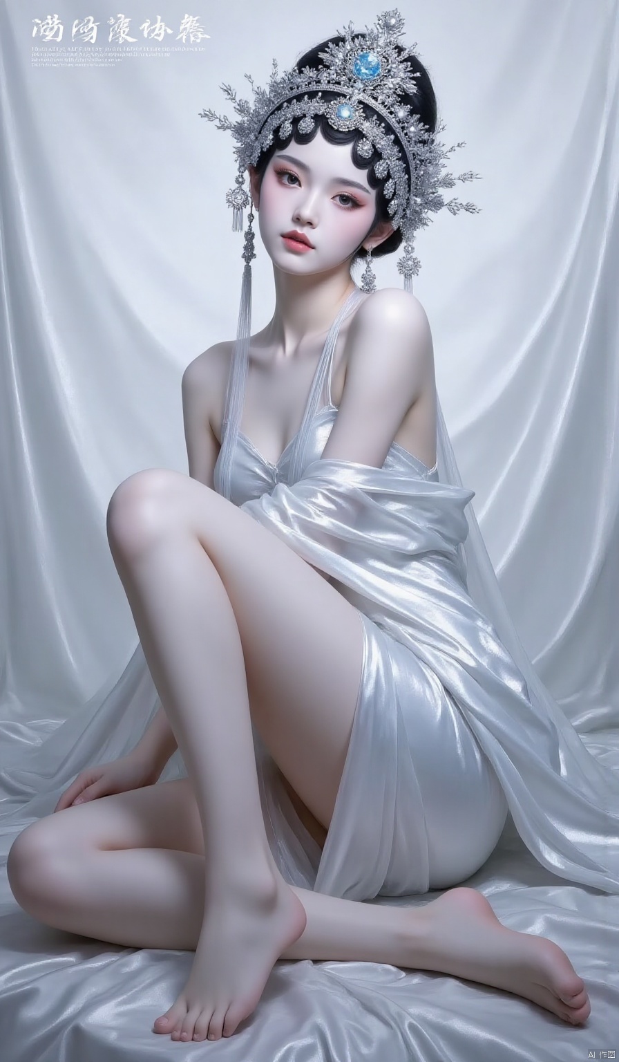 xiqu,1girl, solo, makeup, eye shadow,looking at viewer, black hair, hair ornament, dress, bare shoulders, sitting, full body, barefoot, indoors, white dress, bare legs, makeup, knee up, chinese text, red lips