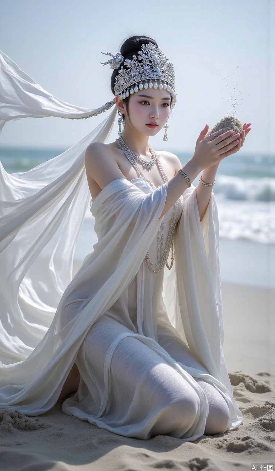 A Chinese beauty is playing in the sand on the beach, holding the sand in her hands, wearing a pearl dress,bare shoulders, covered in sand,scarf,hair bun,wind,chinese ethnic minority costumes