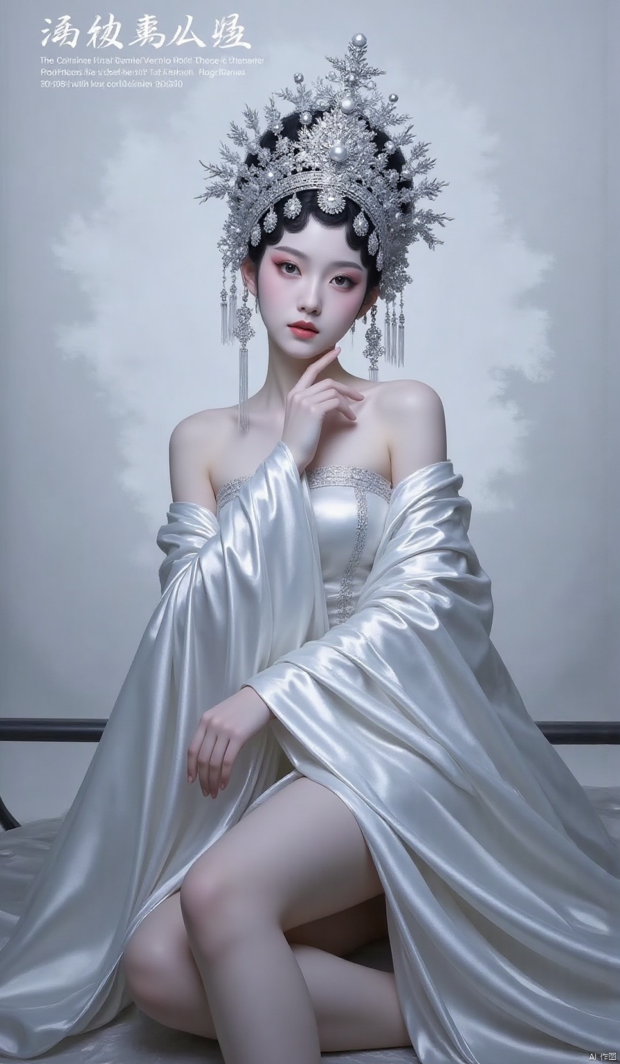 xiqu,1girl, solo, makeup, eye shadow,looking at viewer, black hair, hair ornament, dress,long sleeves, bare shoulders, indoors, white dress, bare legs, makeup, knee up, chinese text, red lips