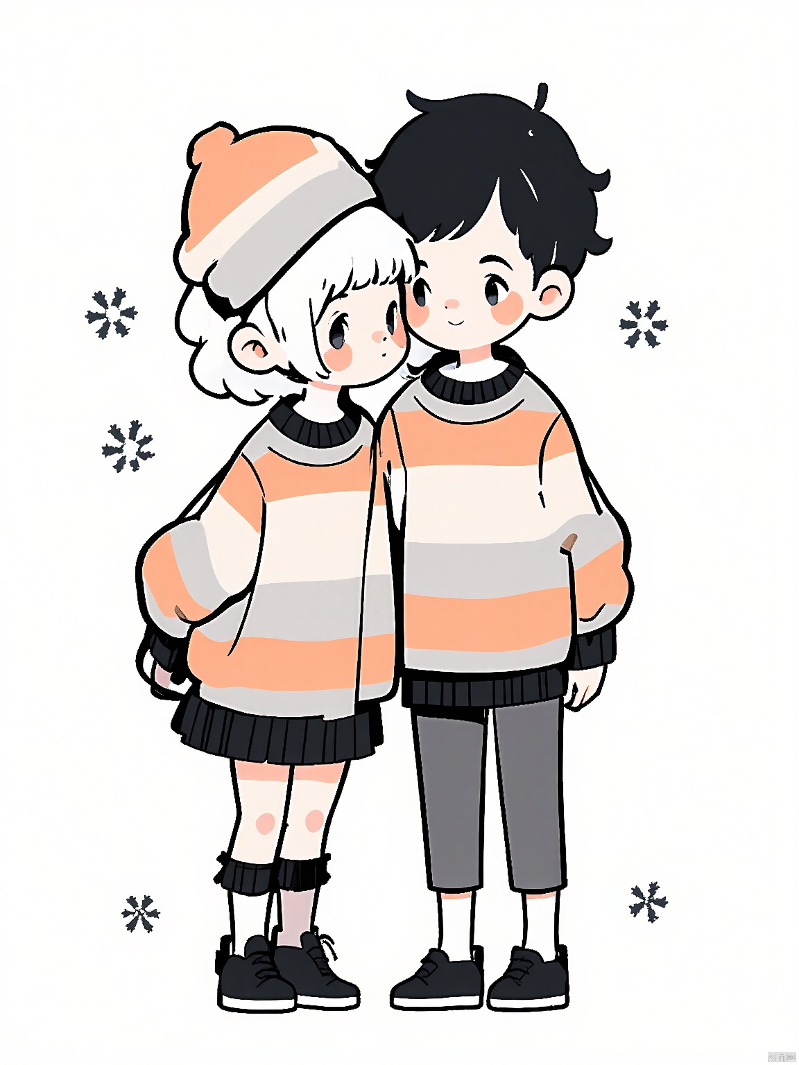 JYXT, Digital drawing of two anime-style characters, a girl and a boy, both wearing matching striped sweaters with orange, white, and grey patterns. The girl has short white hair and a beanie, while the boy has black hair and a similar beanie. They are standing close together, with the girl leaning her head on the boy's shoulder. Both characters have rosy cheeks and are smiling. The background is plain white, with small snowflakes scattered around. The style is cute and whimsical, with a soft, pastel color palette.