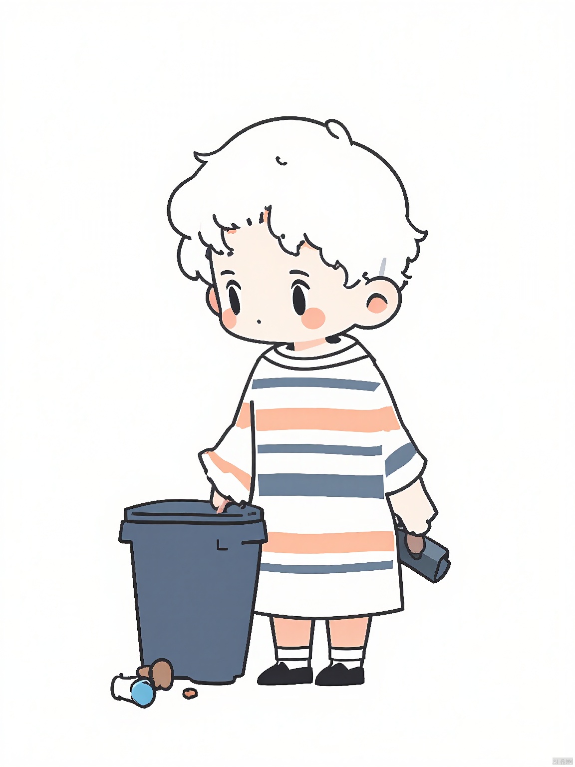 JYXT, A simple, cute, and colorful digital drawing of a young child with short, white hair and a friendly expression. The child is wearing a striped shirt with horizontal lines in shades of white, orange, and blue, along with a matching skirt and black shoes. They are standing in front of a large, dark blue trash can, holding a small, blue and white object in their right hand. A few small pieces of trash, including a brown and orange item, are scattered on the ground near the can. The background is plain white, emphasizing the child and the trash can. The drawing has a clean, minimalistic style with thick outlines and soft, pastel colors.