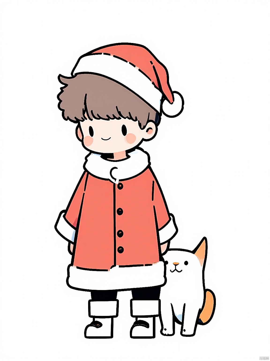 JYXT, A cute, chibi-style drawing of a young boy wearing a red and white Santa hat and a matching red coat with white trim. He has short brown hair and is smiling warmly. The boy is holding a small, white, cat-like creature with orange accents on its ears and tail. The background is plain white, and the overall style is simple and whimsical with bold outlines and minimal shading.