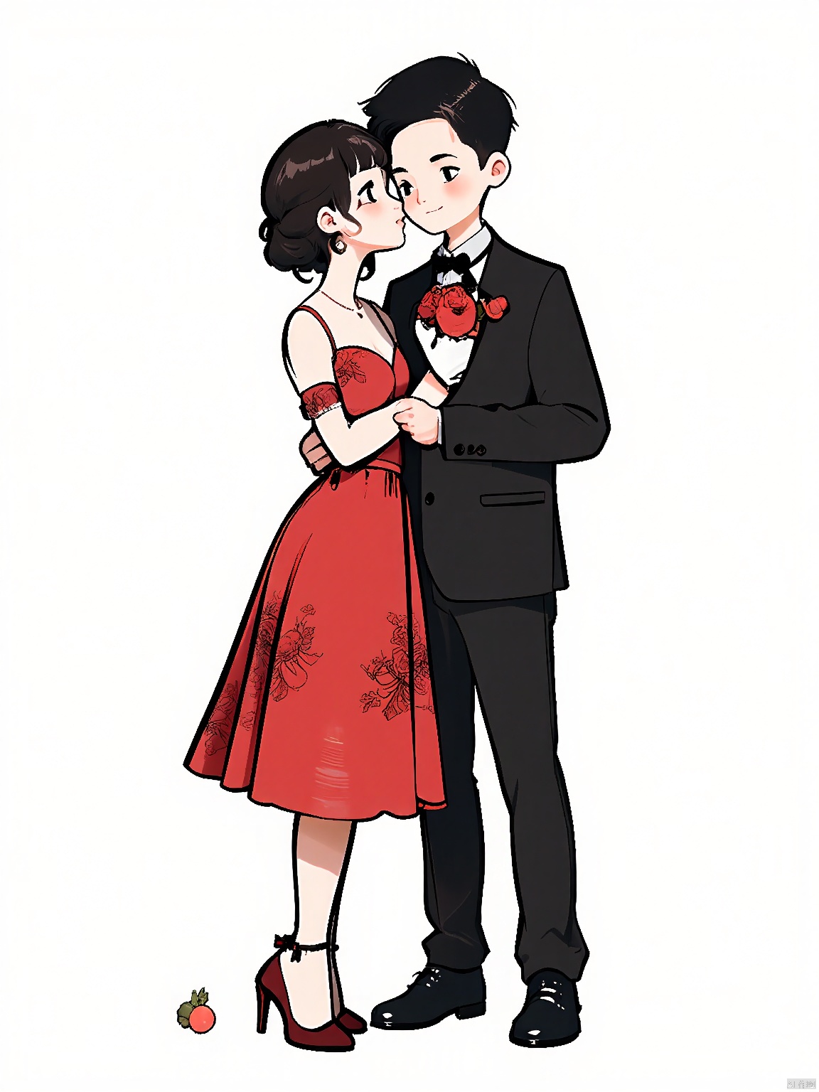 JYXT, A sweet, affectionate illustration of a couple, the woman in a red floral dress and red pumps, the man in a black suit with patent leather shoes, embracing with a box of chocolates and a bouquet of roses between them. The setting is a pristine white canvas.