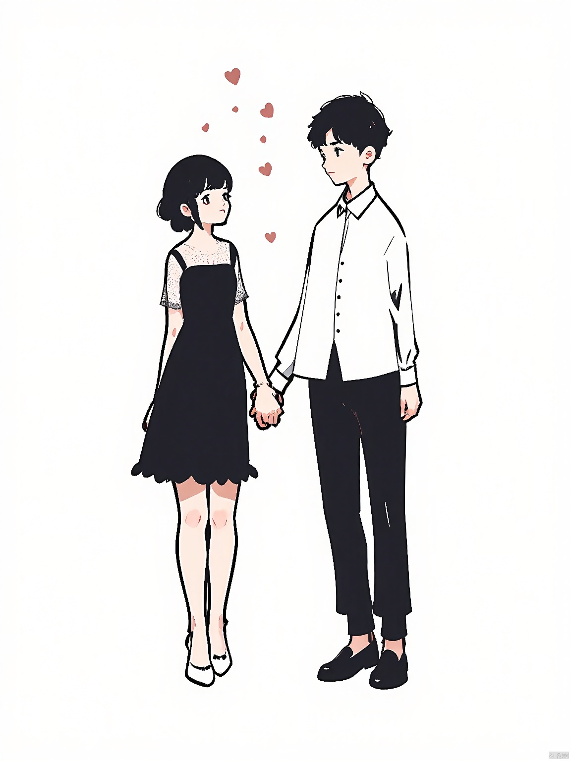JYXT, A minimalist sketch of a couple, the woman in a black dress with white lace sleeves and white ballet flats, the man in a white dress shirt and black dress shoes, holding hands and gazing at each other adoringly, with heart-shaped confetti falling from above.