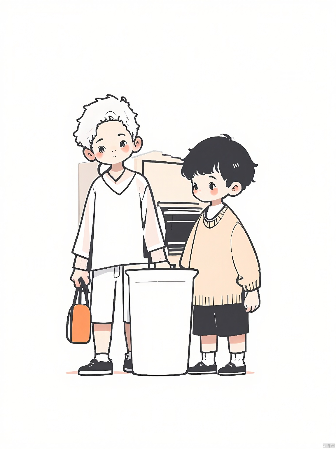 JYXT, A cute, simplistic, digital drawing of two young boys in a kitchen. The boy on the left has short white hair and is wearing a white shirt and white shorts. He is holding a bottle of orange sauce. The boy on the right has black hair and is wearing a beige sweater, black shorts, and white socks. He is holding a large white bowl. The kitchen has light-colored cabinets and a stove with a pot on it. The background is white. The drawing style is minimalistic and cartoony, with simple shapes and soft colors.