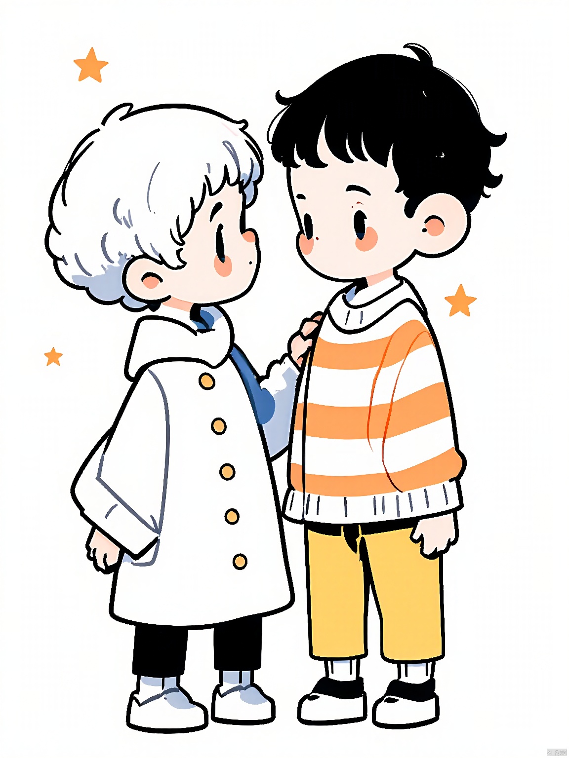 JYXT, A digital drawing of two characters, a young girl with short white hair and a young boy with short black hair, standing close together. The girl is wearing a white coat with blue accents, and the boy is wearing an orange and white striped sweater with yellow pants. They are smiling at each other, with the girl's hand on the boy's chest. The background is white with small orange stars. The style is cute and simple, with thick outlines and soft colors.