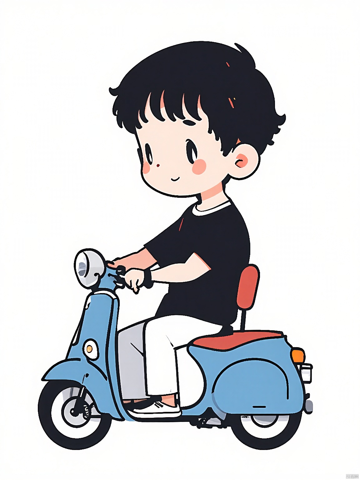 JYXT, A cute, stylized cartoon drawing of a young boy with short, black hair and rosy cheeks, riding a blue scooter. He is wearing a black t-shirt and white pants. The boy is smiling and looking forward, with one hand on the handlebars and the other resting on the seat. The scooter has a red seat and black wheels. The background is plain white. The drawing is done in a simple, clean style with bold outlines and minimal shading.