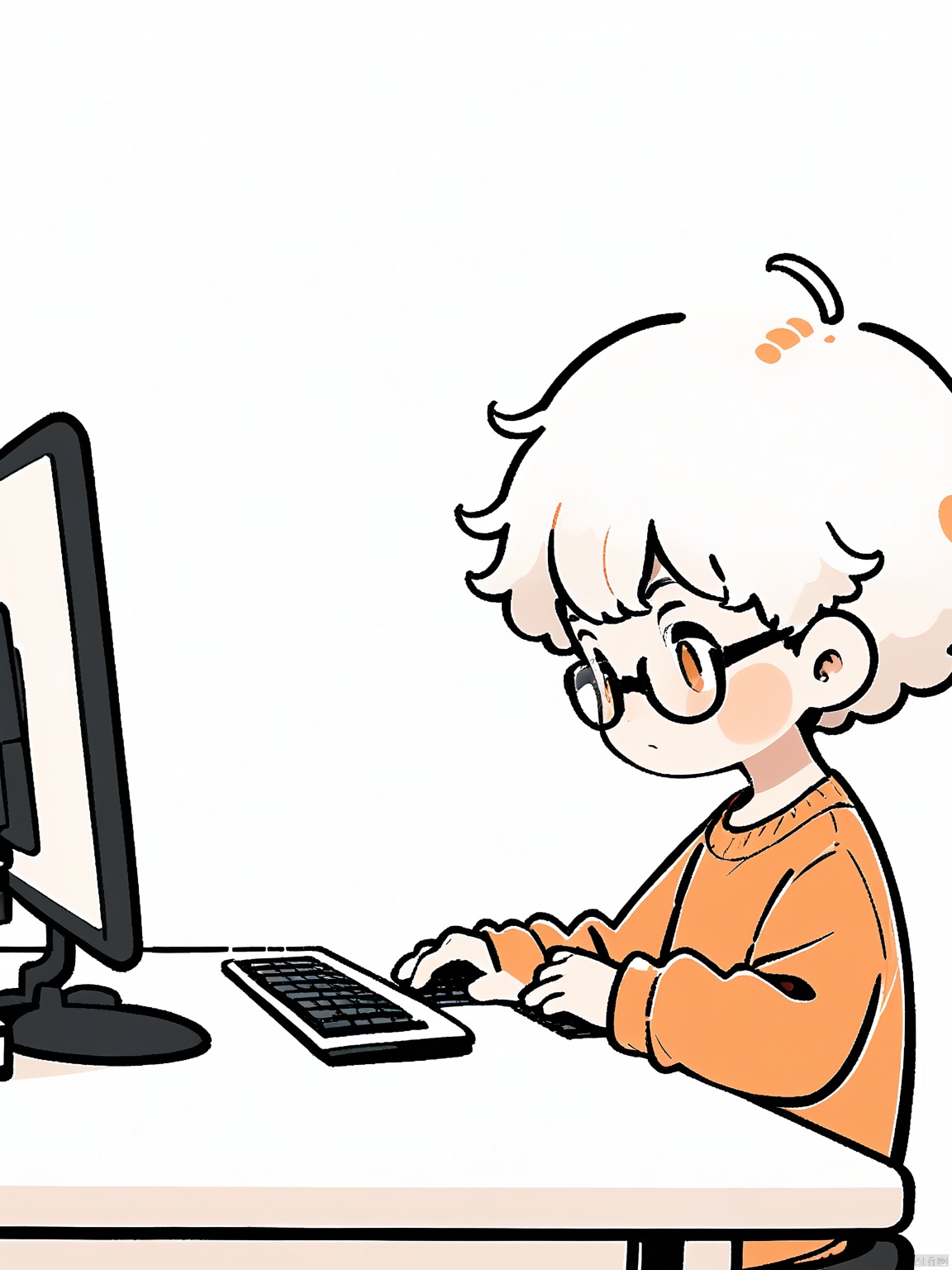 JYXT, Cartoon drawing of a young boy with short, curly white hair and glasses, wearing a long-sleeved orange shirt. He is sitting at a desk with a computer monitor and keyboard, typing away. The background is plain white, with no additional objects or scenery. The boy has a focused expression and his cheeks are slightly flushed, suggesting concentration or excitement. The drawing style is simple and clean, with thick black outlines and minimal shading.