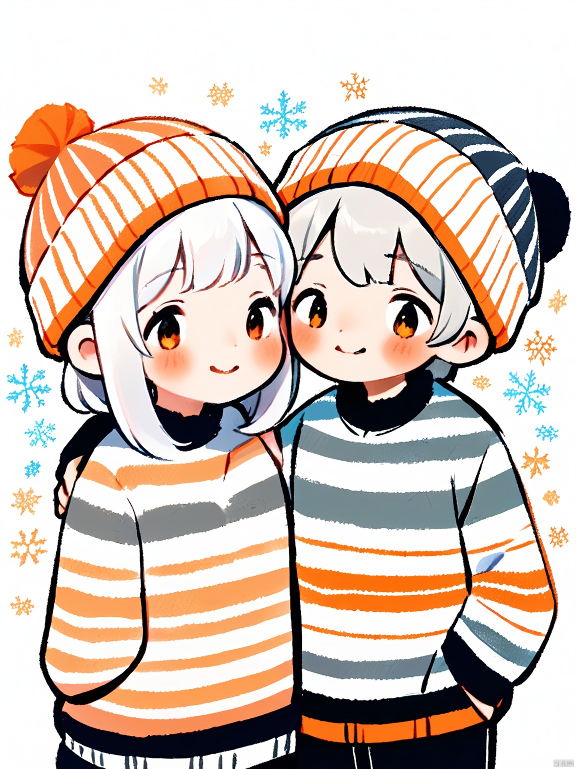 JYXT, Digital drawing of two anime-style characters, a girl and a boy, both wearing matching striped sweaters with orange, white, and grey patterns. The girl has short white hair and a beanie, while the boy has black hair and a similar beanie. They are standing close together, with the girl leaning her head on the boy's shoulder. Both characters have rosy cheeks and are smiling. The background is plain white, with small snowflakes scattered around. The style is cute and whimsical, with a soft, pastel color palette.