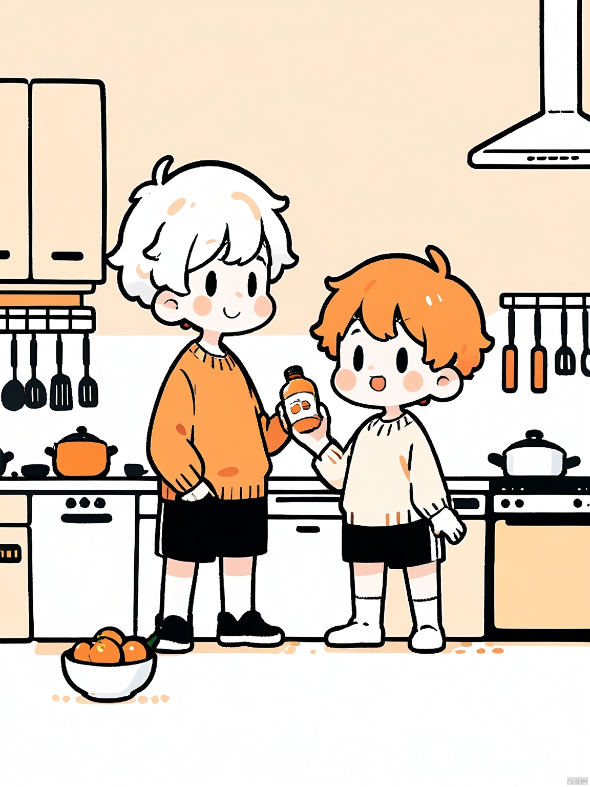 JYXT, A cute, simplistic, digital drawing of two young boys in a kitchen. The boy on the left has short white hair and is wearing a white shirt and white shorts. He is holding a bottle of orange sauce. The boy on the right has black hair and is wearing a beige sweater, black shorts, and white socks. He is holding a large white bowl. The kitchen has light-colored cabinets and a stove with a pot on it. The background is white. The drawing style is minimalistic and cartoony, with simple shapes and soft colors.