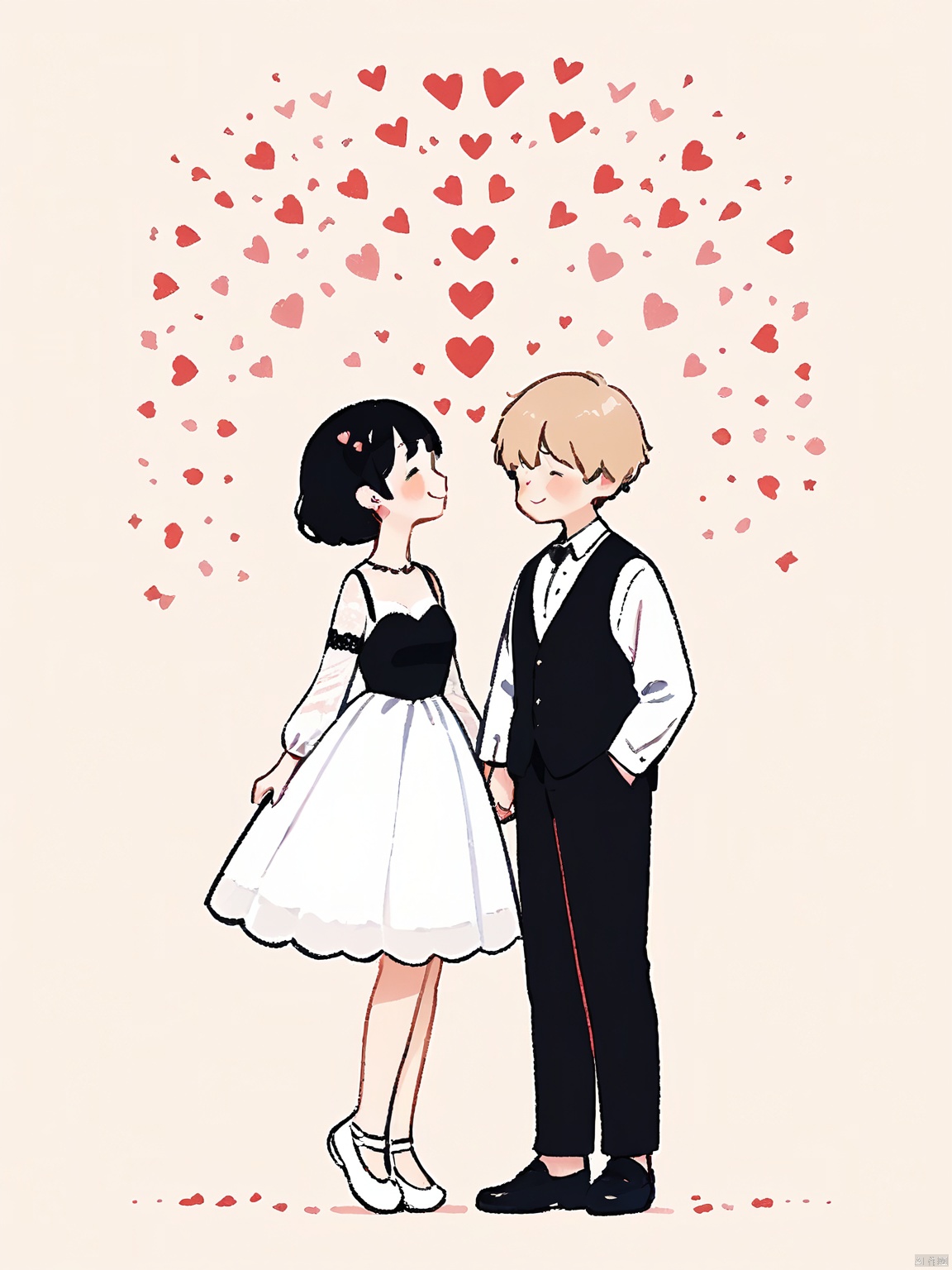 JYXT, A minimalist sketch of a couple, the woman in a black dress with white lace sleeves and white ballet flats, the man in a white dress shirt and black dress shoes, holding hands and gazing at each other adoringly, with heart-shaped confetti falling from above.