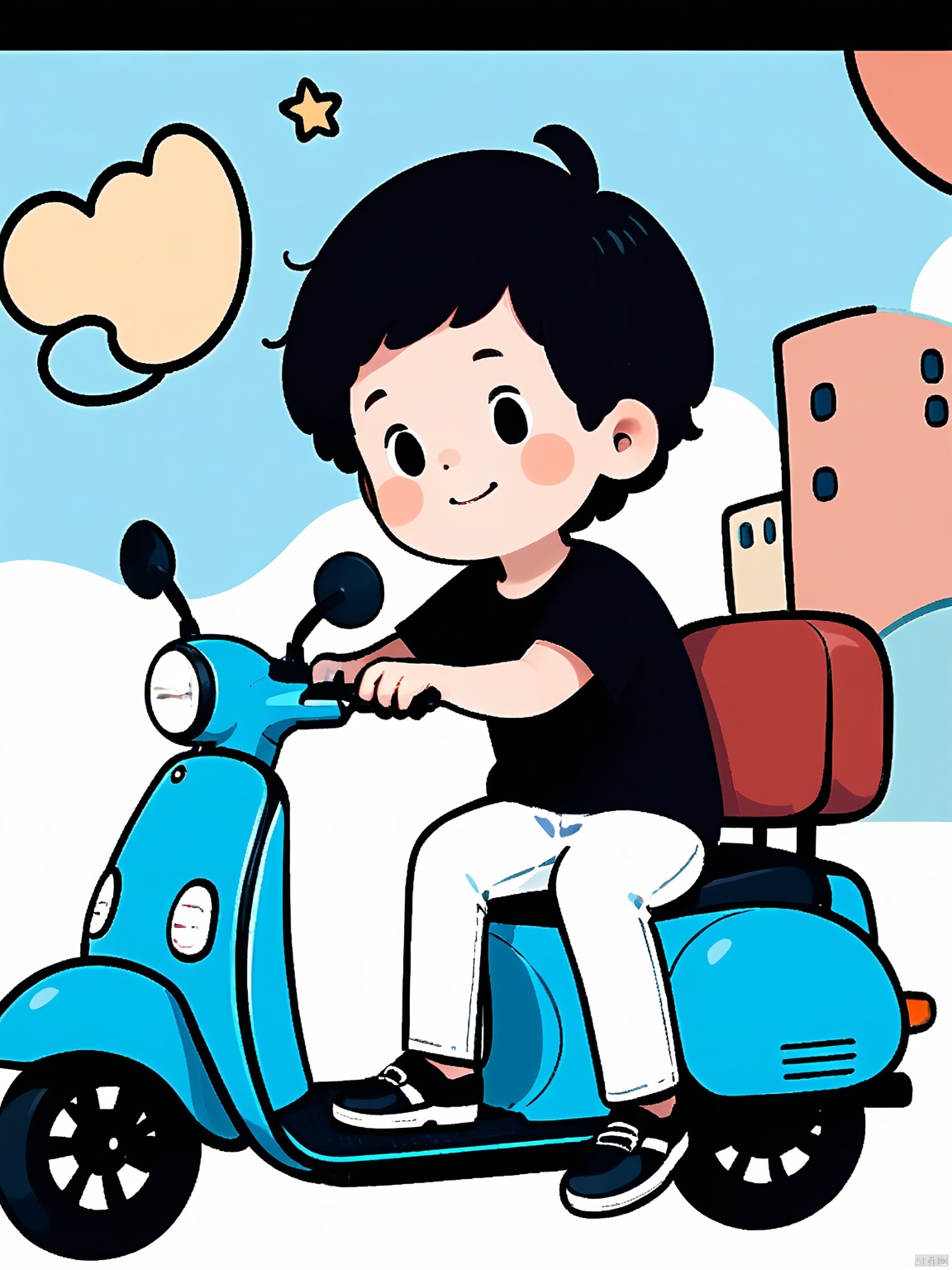 JYXT, A cute, stylized cartoon drawing of a young boy with short, black hair and rosy cheeks, riding a blue scooter. He is wearing a black t-shirt and white pants. The boy is smiling and looking forward, with one hand on the handlebars and the other resting on the seat. The scooter has a red seat and black wheels. The background is plain white. The drawing is done in a simple, clean style with bold outlines and minimal shading.

