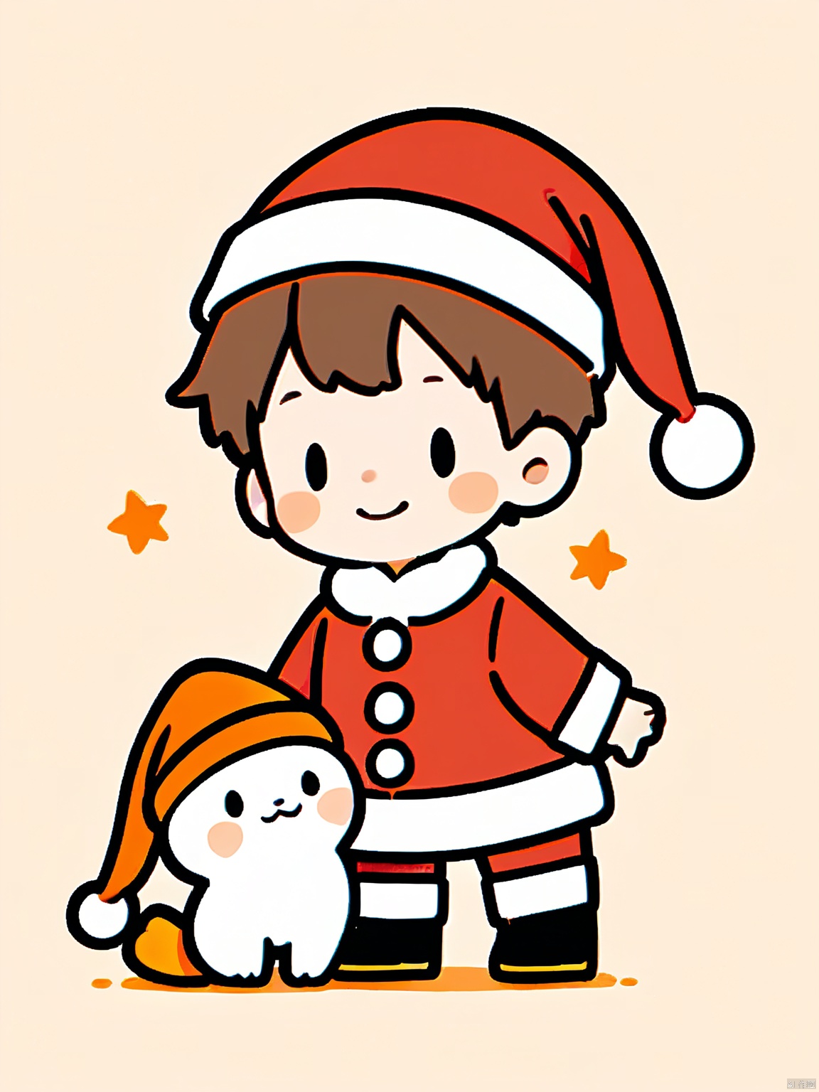 JYXT, A cute, chibi-style drawing of a young boy wearing a red and white Santa hat and a matching red coat with white trim. He has short brown hair and is smiling warmly. The boy is holding a small, white, cat-like creature with orange accents on its ears and tail. The background is plain white, and the overall style is simple and whimsical with bold outlines and minimal shading.