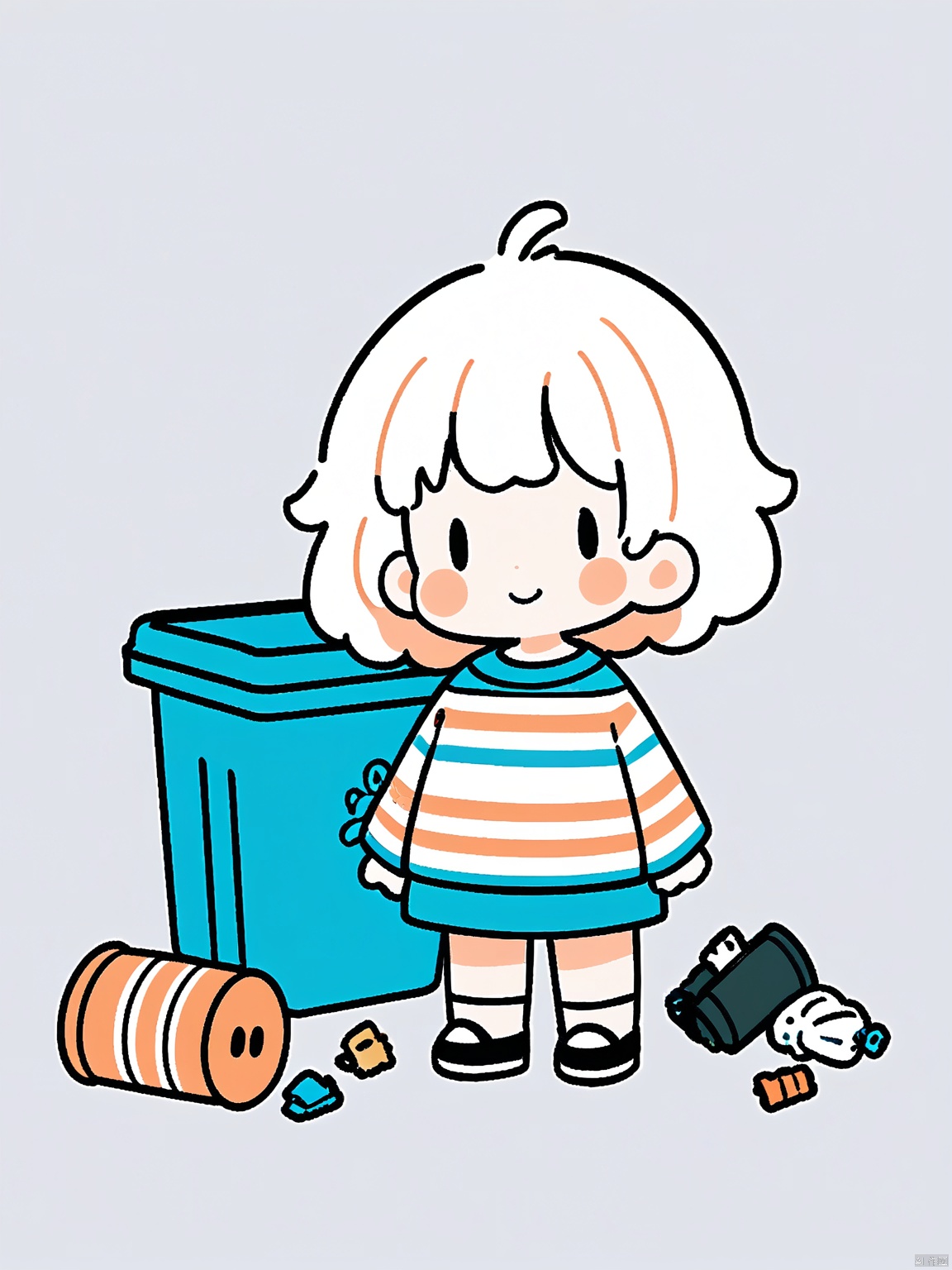 JYXT, A simple, cute, and colorful digital drawing of a young child with short, white hair and a friendly expression. The child is wearing a striped shirt with horizontal lines in shades of white, orange, and blue, along with a matching skirt and black shoes. They are standing in front of a large, dark blue trash can, holding a small, blue and white object in their right hand. A few small pieces of trash, including a brown and orange item, are scattered on the ground near the can. The background is plain white, emphasizing the child and the trash can. The drawing has a clean, minimalistic style with thick outlines and soft, pastel colors.