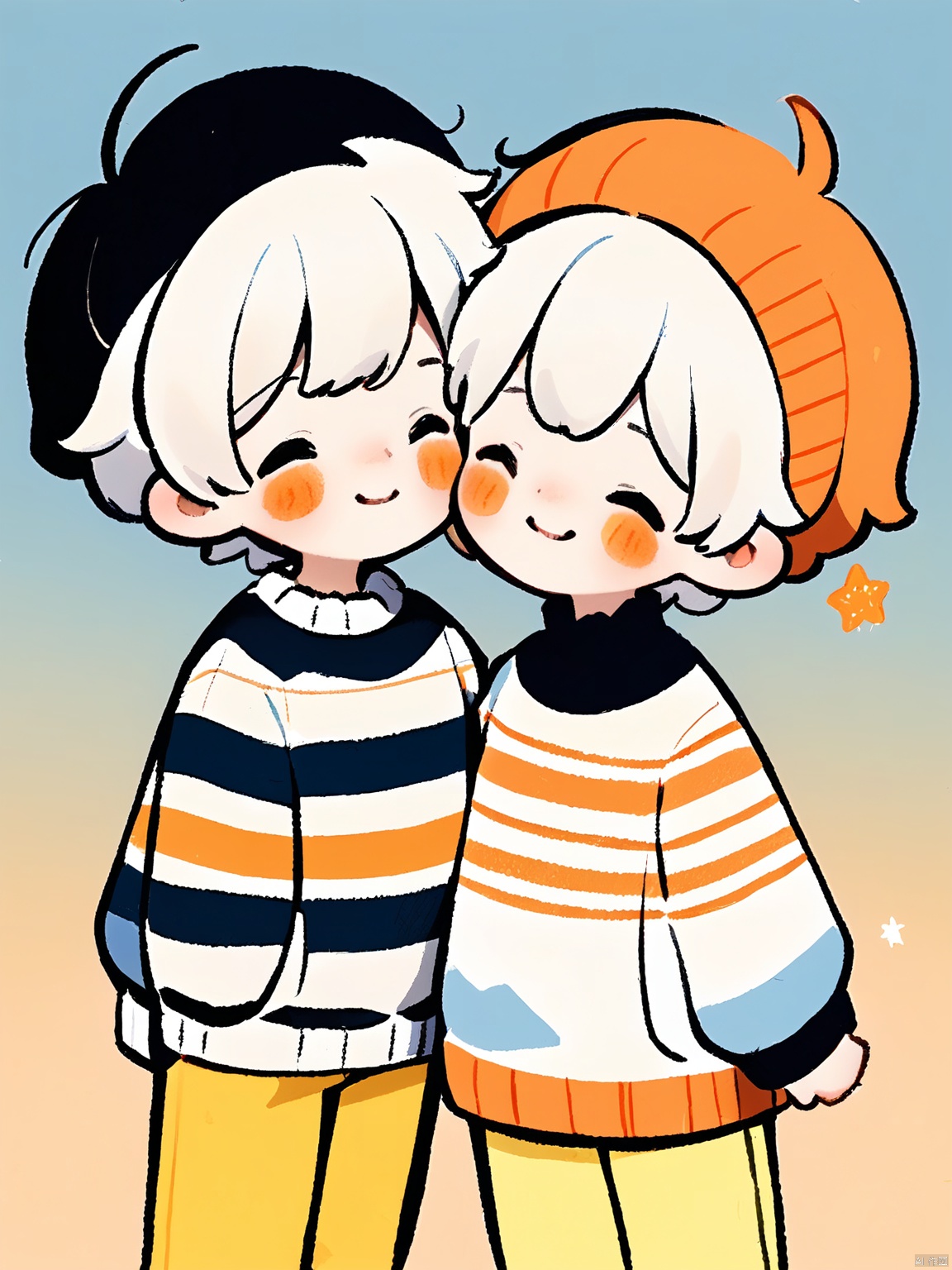 JYXT, A digital drawing of two characters, a young girl with short white hair and a young boy with short black hair, standing close together. The girl is wearing a white coat with blue accents, and the boy is wearing an orange and white striped sweater with yellow pants. They are smiling at each other, with the girl's hand on the boy's chest. The background is white with small orange stars. The style is cute and simple, with thick outlines and soft colors.
