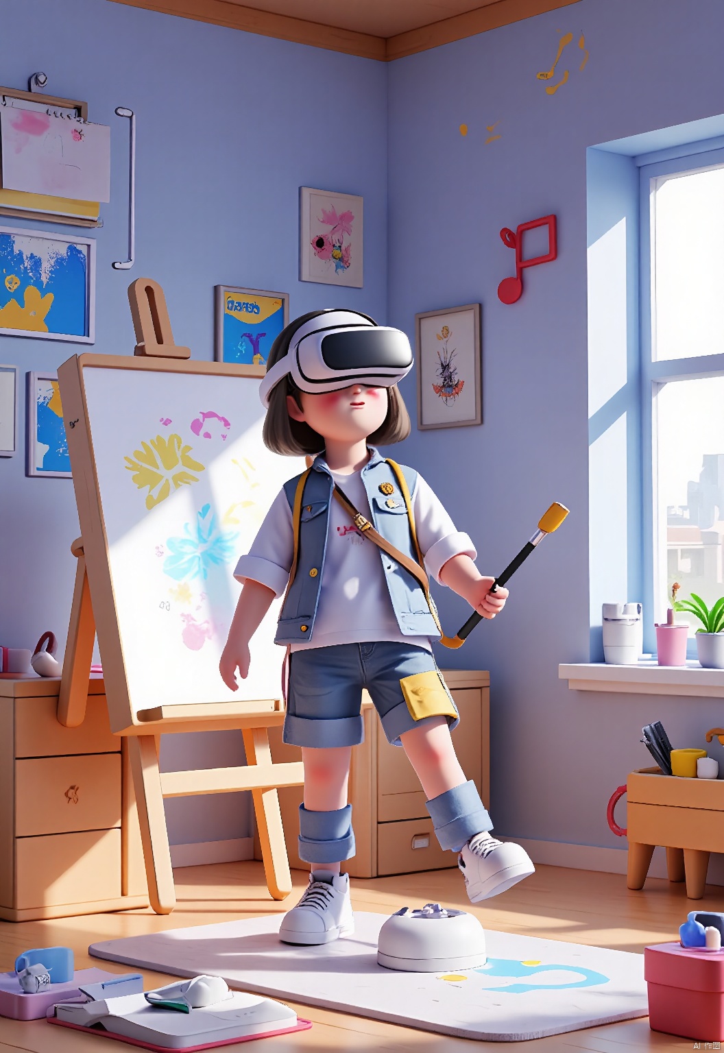 YYHB,A stunning CGI illustration of a teenage girl wearing virtual reality headsets,standing in the middle of a virtual art studio. She holds a virtual paintbrush and seems to be painting a masterpiece. The room is filled with the sound of soft,ambient music and the scent of paint. The background features a wall filled with digital artworks and a window with a view of a digital cityscape. The girl is dressed in a stylish,art-inspired outfit and sneakers. The overall aesthetic is creative and inspiring,with a rich,colorful palette.,
