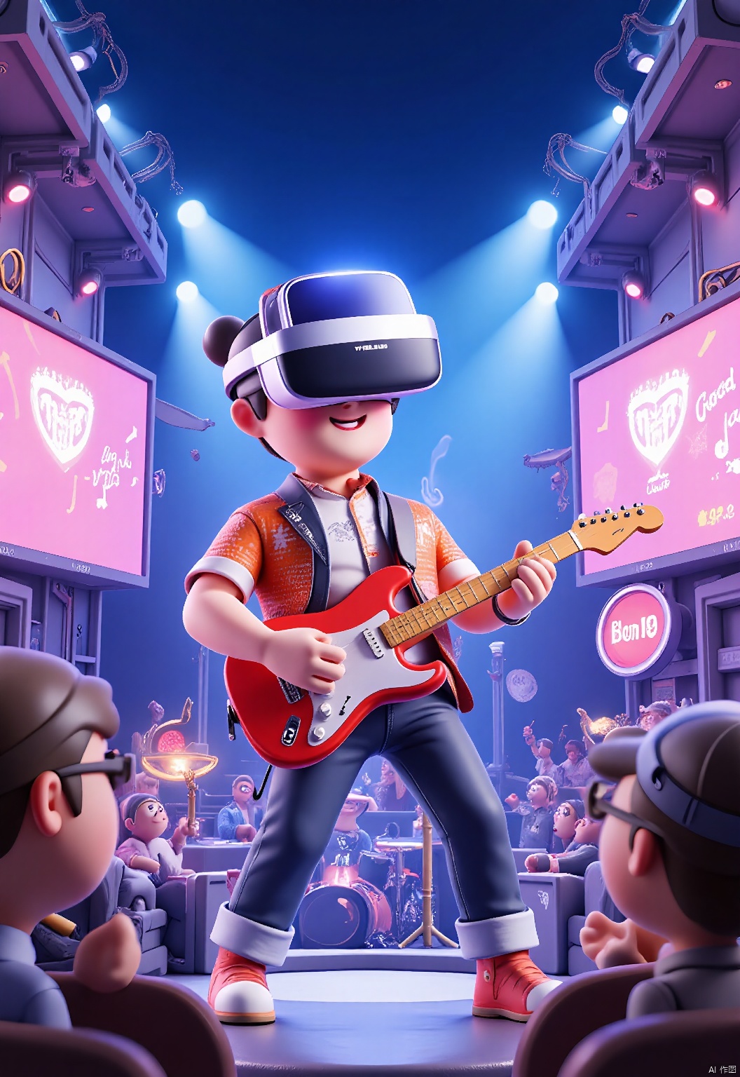 YYHB, A vivid 3D illustration of a musician wearing augmented reality glasses, performing in a virtual concert hall. He holds a holographic guitar, strumming along to a catchy tune. The concert hall is illuminated by stage lights and filled with virtual audience members. The background includes a virtual band and a wall painted with a mural of musical instruments. The musician is dressed in a flashy, stage-ready outfit and stylish boots. The overall aesthetic is lively and energetic, with a focus on music and performance.