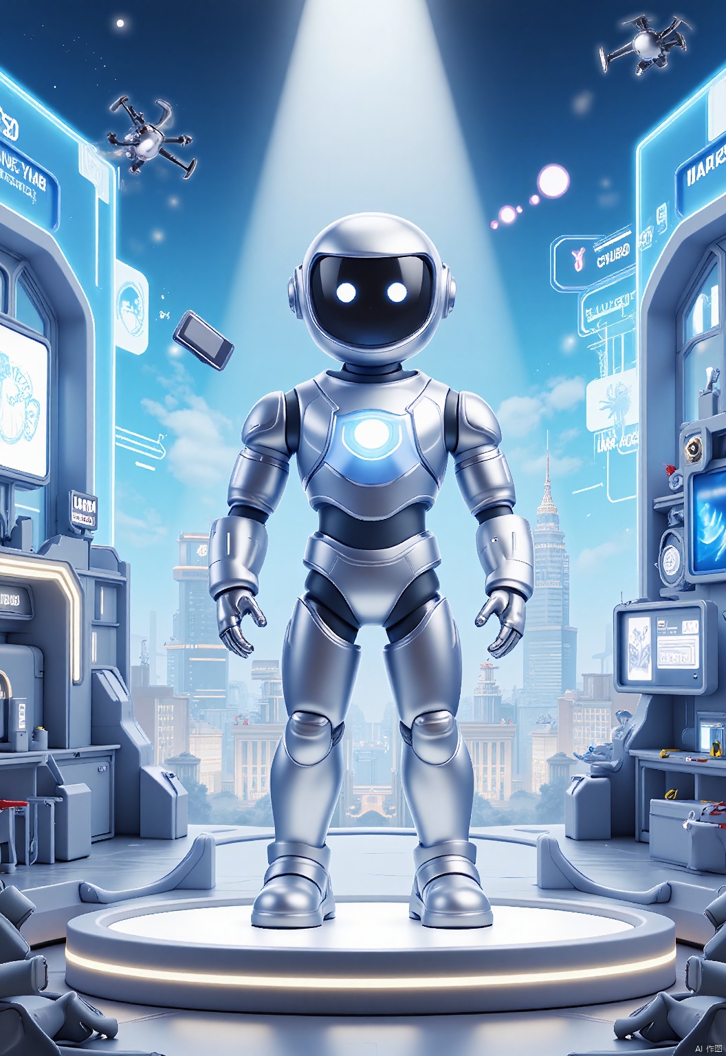 YYHB, A sleek 3D representation of a stylish, silver robot with holographic screens and a sleek design, presenting a sleek product on its chest. The robot stands on a futuristic, glass-walled stage amidst a backdrop of shimmering lights and digital projections. The backdrop is a futuristic, high-tech cityscape, with towering skyscrapers and hovering drones. The scene is sleek and sophisticated, with a cyberpunk, futuristic aesthetic.